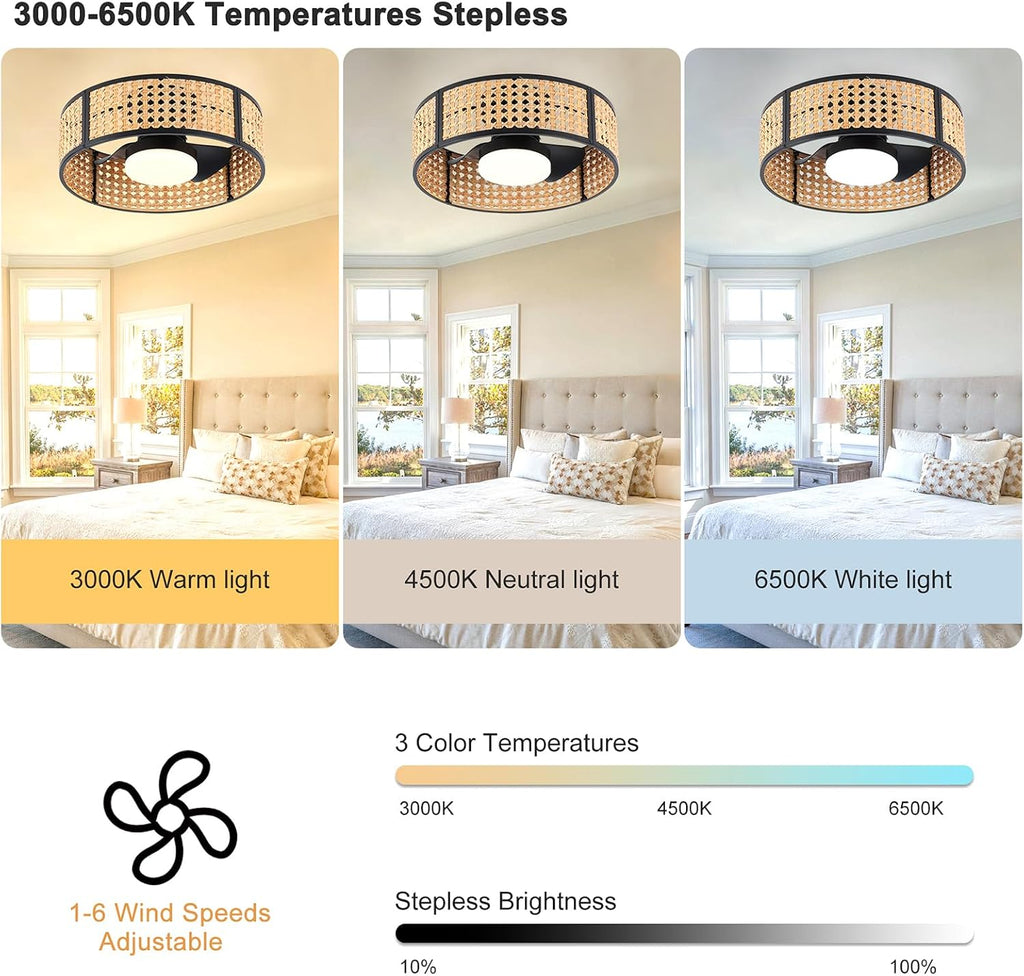 Ganeed 20' Handwoven Rattan Boho Ceiling Fans with Lights, Dimmable RGB LED Wicker Caged Ceiling Fan with Light and Remote, 6 Speed/Reversible Motor Rattan Fandelier for Bedroom Dining Room Nursery