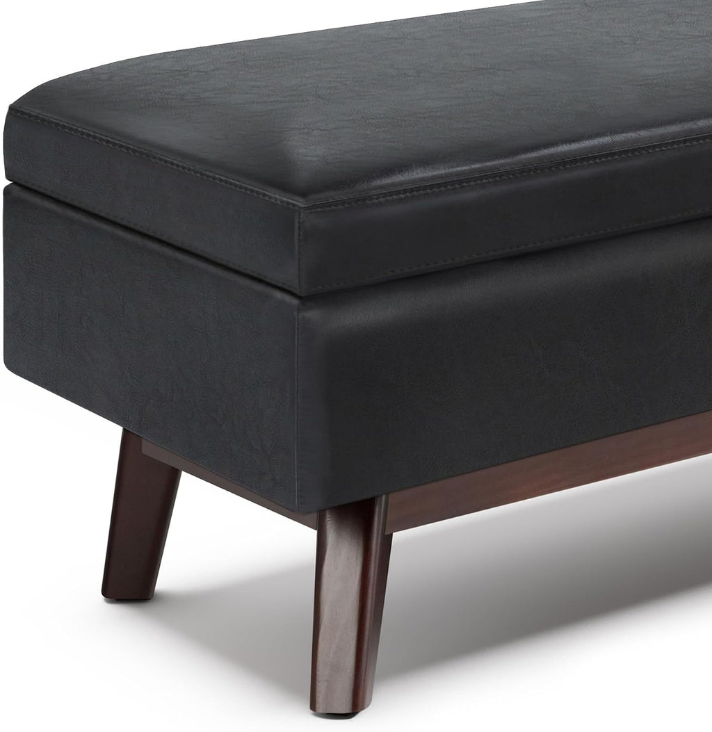 SIMPLIHOME Owen Rectangular Storage Ottoman - 48 inch Wide Upholstered Vegan Leather Lift-Top Ottoman in Midnight Black, Mid-Century Modern Ottoman for Living Room with Tufted Detail