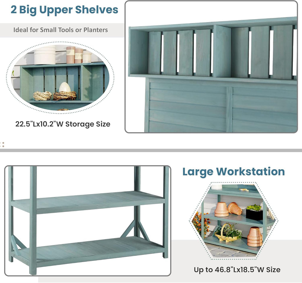 KUIKUI Potting Table, Outdoor Potting Bench with 4 Storage Shelves and Side Hook, Gardening Tables for Outdoors, 46.9x19.3x65inch, Green