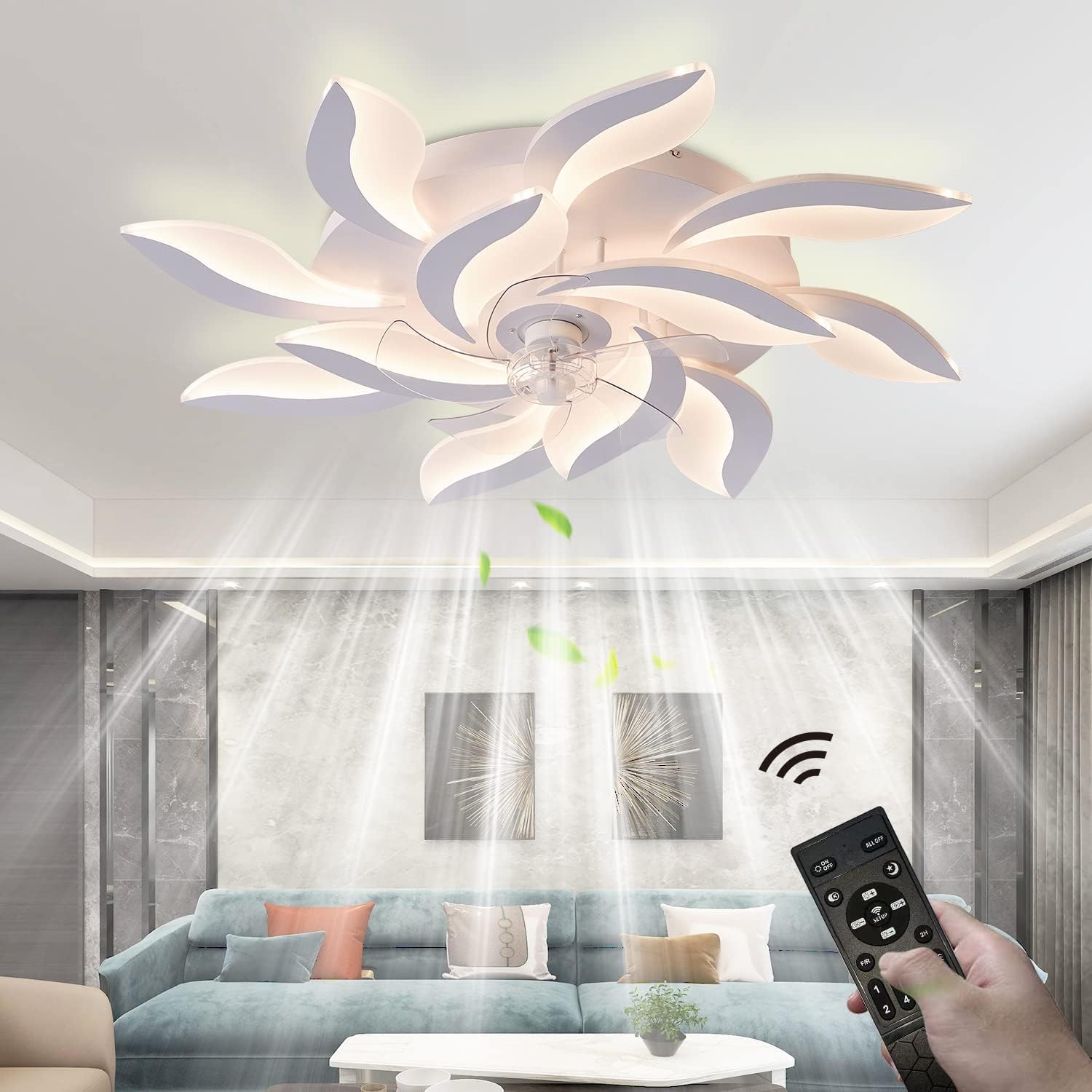 39' Modern Ceiling Fan with Lights and Remote Control, 3 Color temperatures Dimmable 6 Gear Wind Speed, LED Flush Mount Low Profile Fan Light,Bladeless Ceiling Fan with Smart Timing 120W