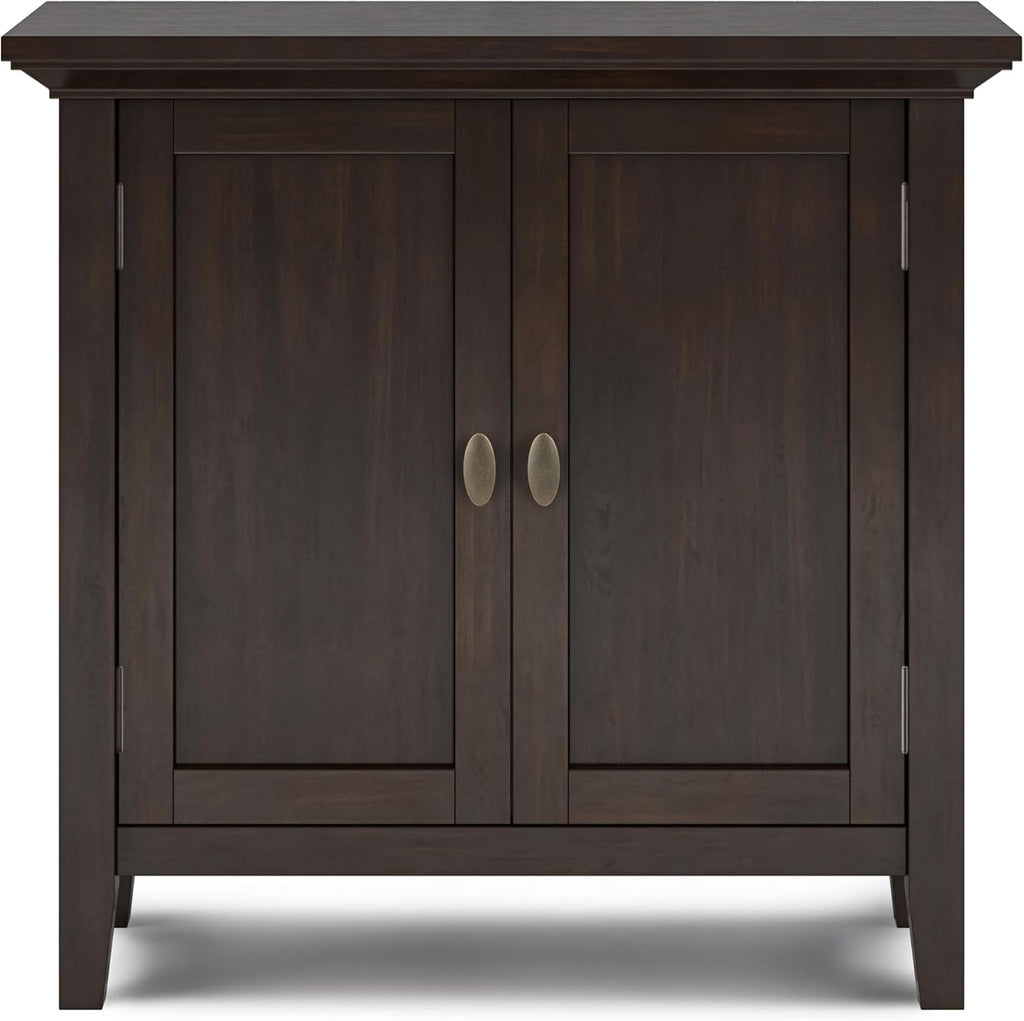 SIMPLIHOME Redmond Storage Cabinet - 32 inch Wide Solid Wood 2-Shelf Low Storage Cabinet in Brunette Brown, Transitional Accent Cabinet for Entryway with Adjustable Shelves and Tapered Legs
