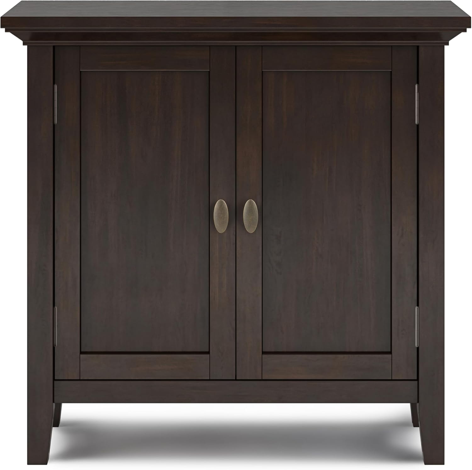 SIMPLIHOME Redmond Storage Cabinet - 32 inch Wide Solid Wood 2-Shelf Low Storage Cabinet in Brunette Brown, Transitional Accent Cabinet for Entryway with Adjustable Shelves and Tapered Legs
