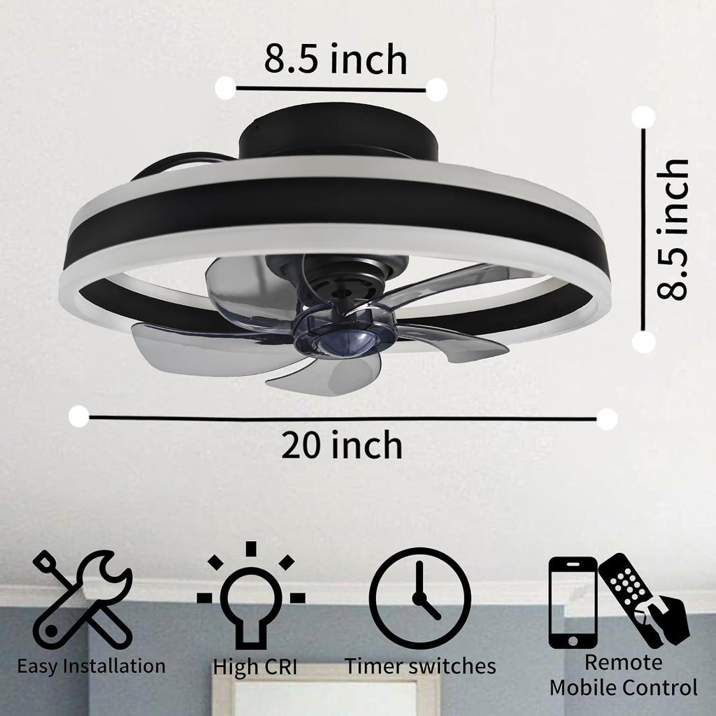 360° Oscillating Low Profile Ceiling Fan with Light, 20' Rotating Modern Flush Mount Ceiling Fan with Lights,LED 3000K-6500K Dimmable Quiet 6 Wind Speeds for Bedroom, Kitchen