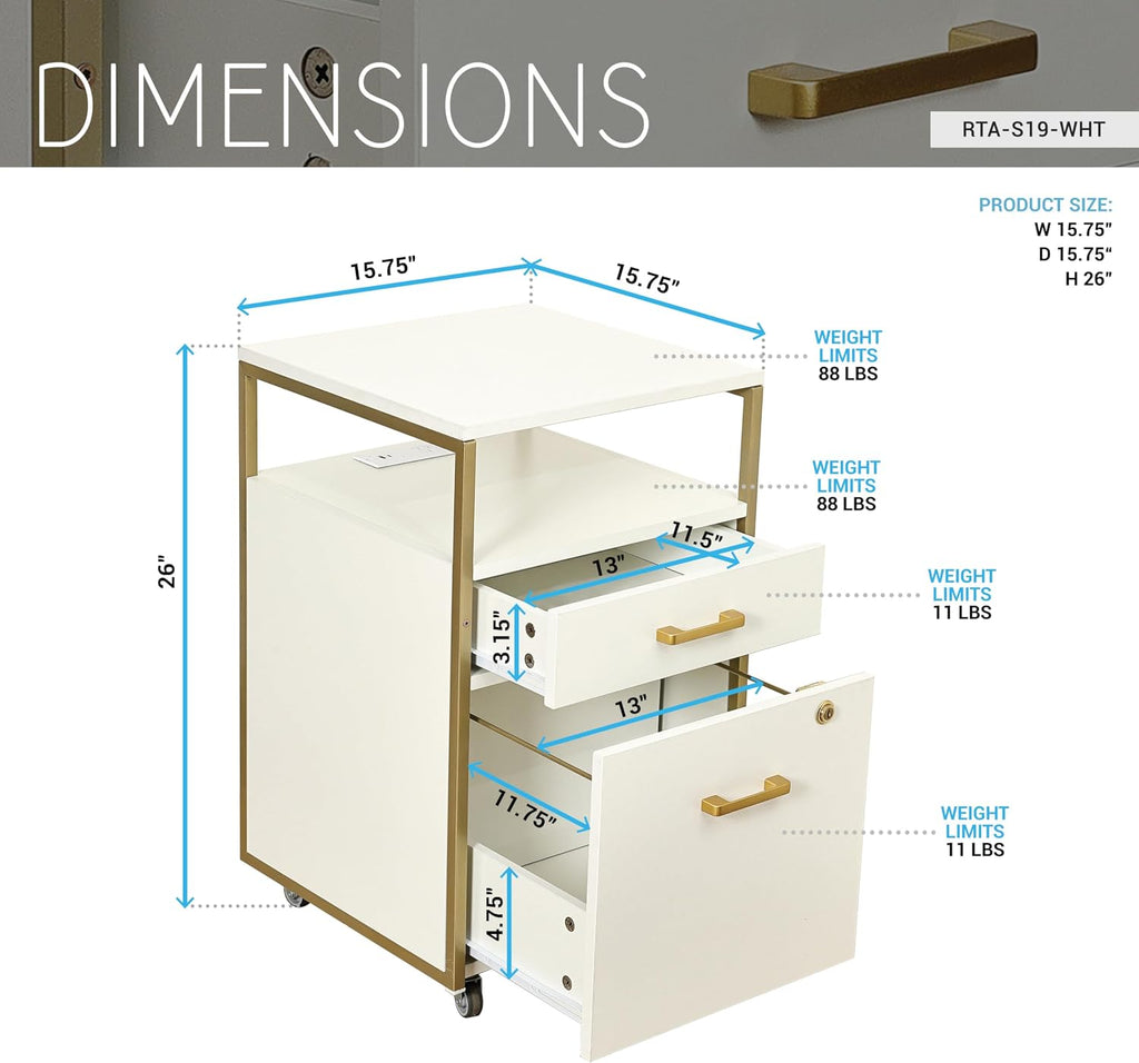 Modern 2-Drawer Rolling File Cabinet with Lock, 2 USB Ports and Power Outlet for Device Charging, Portable File Organizer or Printer Stand for Office or Home with Locking Wheels, White & Gold