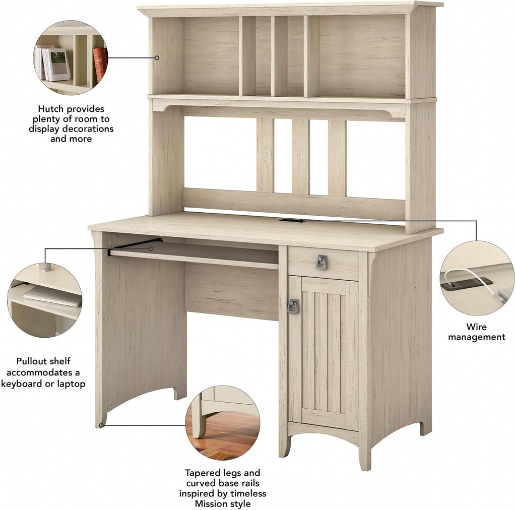 Bush Home Salinas Small Computer Desk with Hutch in Antique White