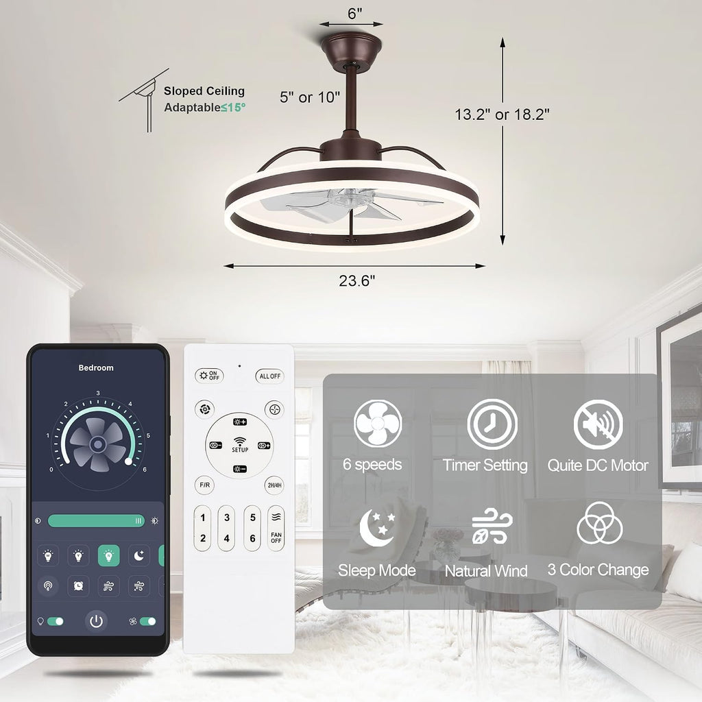 Dawn Whisper Ceiling Fan With Lights, Modern 24' LED Fan, 6 Speeds, 3 Colors Stepless Dimming for Bedroom Coffee