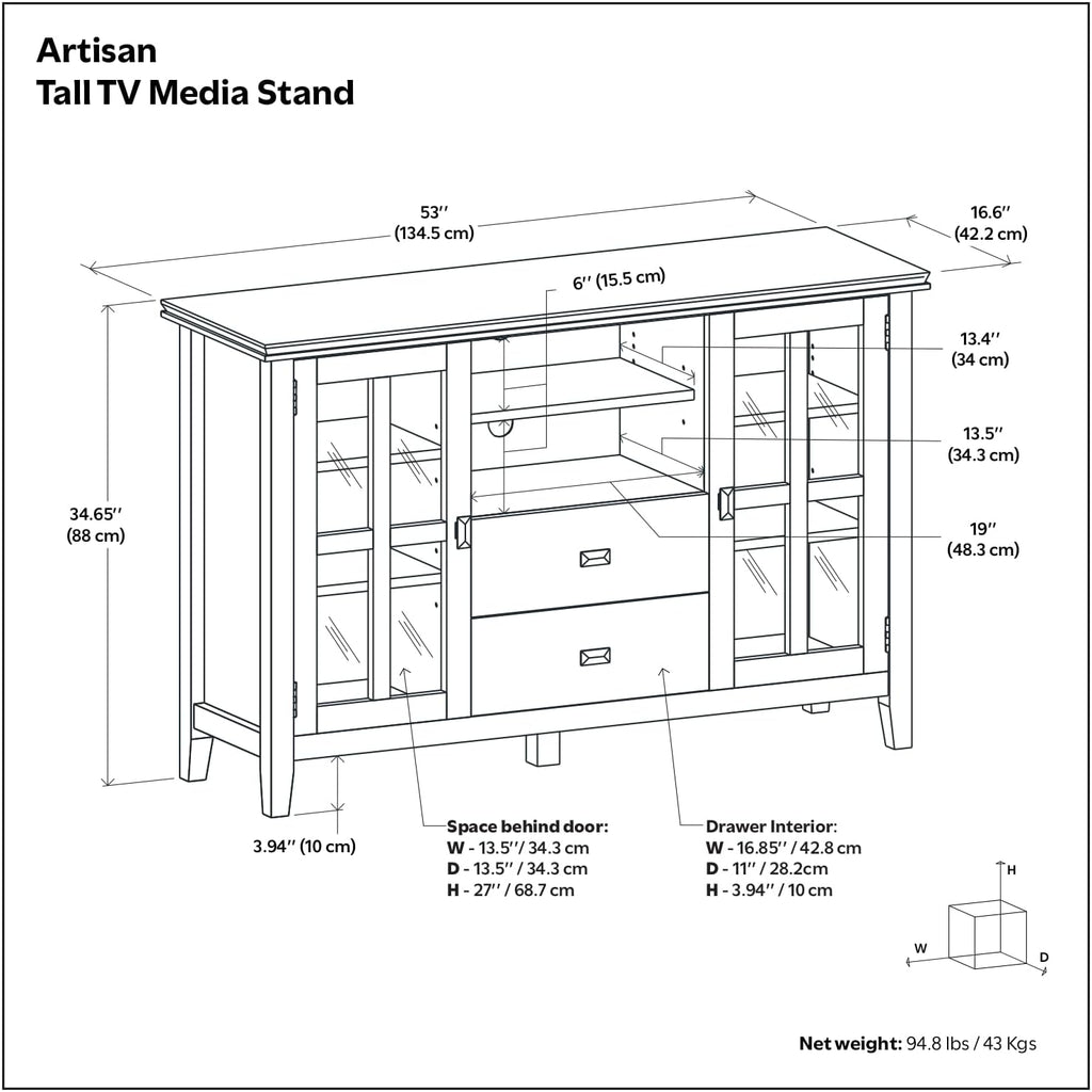 SIMPLIHOME Artisan TV Stand - 53 inch Wide Solid Wood Tall Media Console in Russet Brown, Contemporary Entertainment Center for Living Room for TVs up to 60 Inches with Drawers and Cable Management
