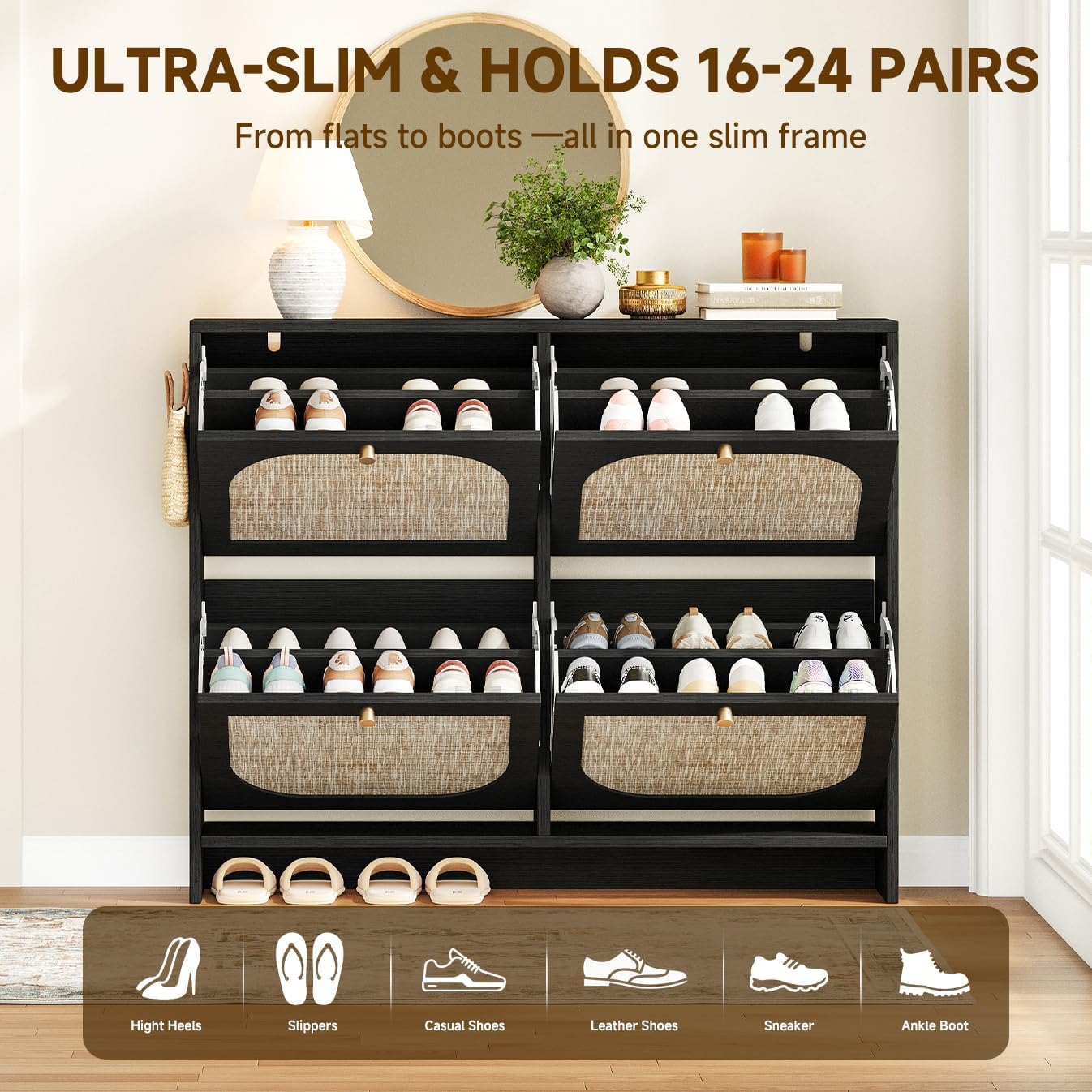 Nicetree Shoe Cabinet Storage for Entryway, Narrow Shoe Organizers with 4 Flip Drawers, Freestanding Large Shoe Rack with 3-Tier Adjustable Shelves for Hallway Entryway Foyer Black