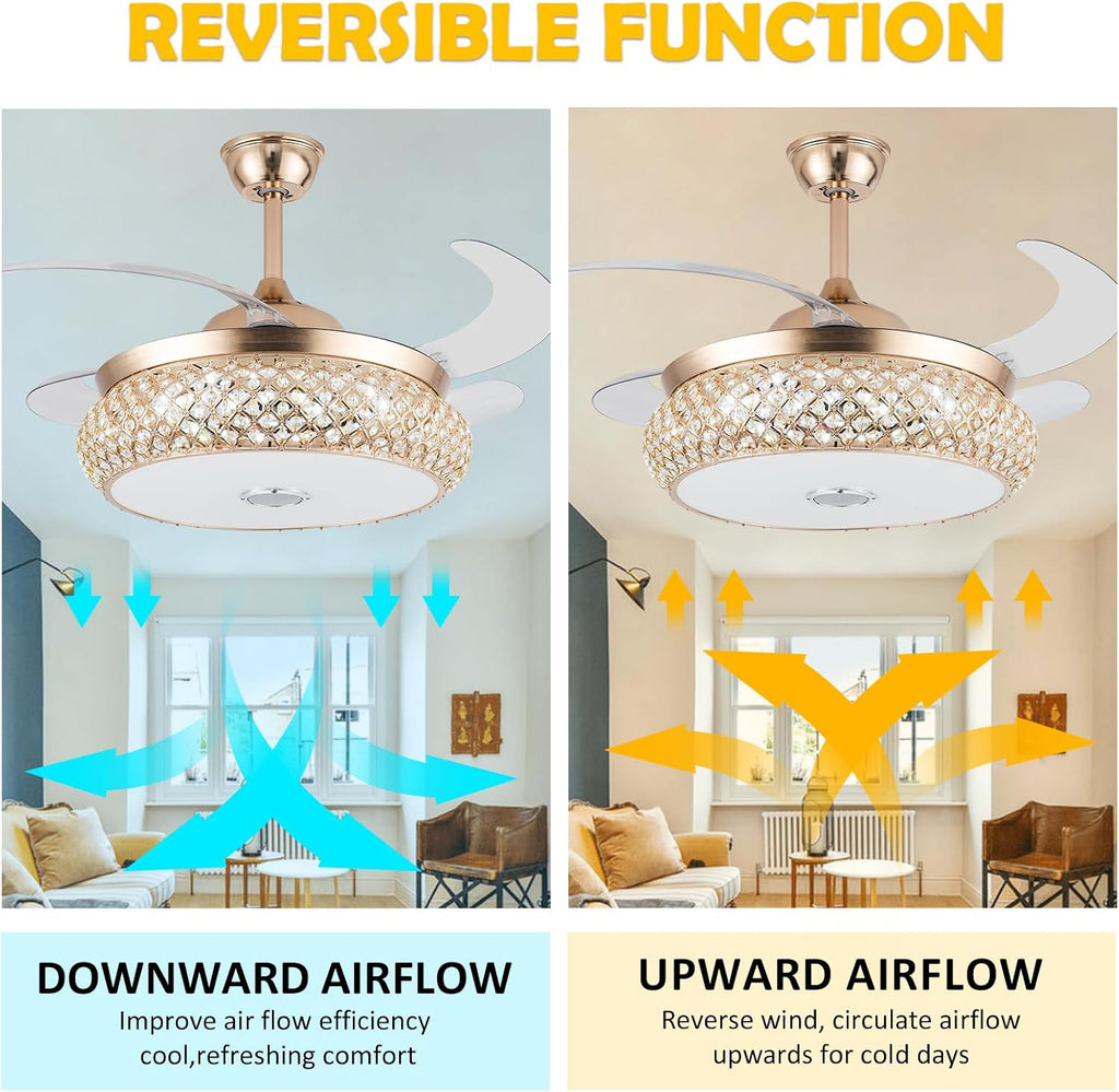 WWahuayuan 42 Inch Retractable Invisible Ceiling Fan with Light and Bluetooth Speaker, Modern Bluetooth Fan Chandelier with Remote Control 3 Color Change 36W LED