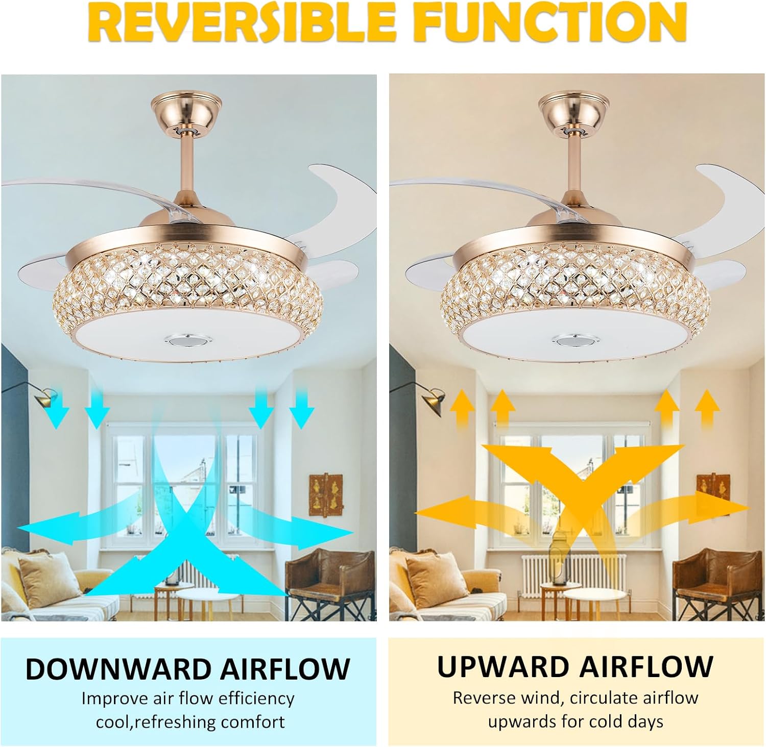WWahuayuan 42 Inch Retractable Invisible Ceiling Fan with Light and Bluetooth Speaker, Modern Bluetooth Fan Chandelier with Remote Control 3 Color Change 36W LED