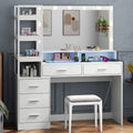 Gyfimoie White Vanity Desk with Mirror and Lights, 8 Drawer Makeup Vanity Table with Glass Top, Power Outlets and RGB Lights, Women & Girls Dressing Table with Lighted Mirror（Stool Not Included）