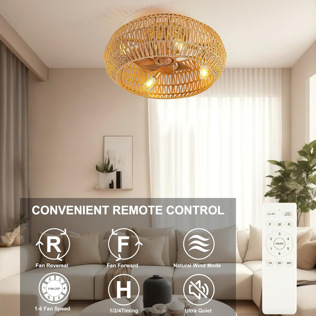 20' Boho Ceiling Fans with Lights (Bulbs Included), Low Profile Caged Ceiling Fan with Light and Remote, Rattan Flush Mount Ceiling Fan with 8 Reversible Blades for Bedroom, Living Room