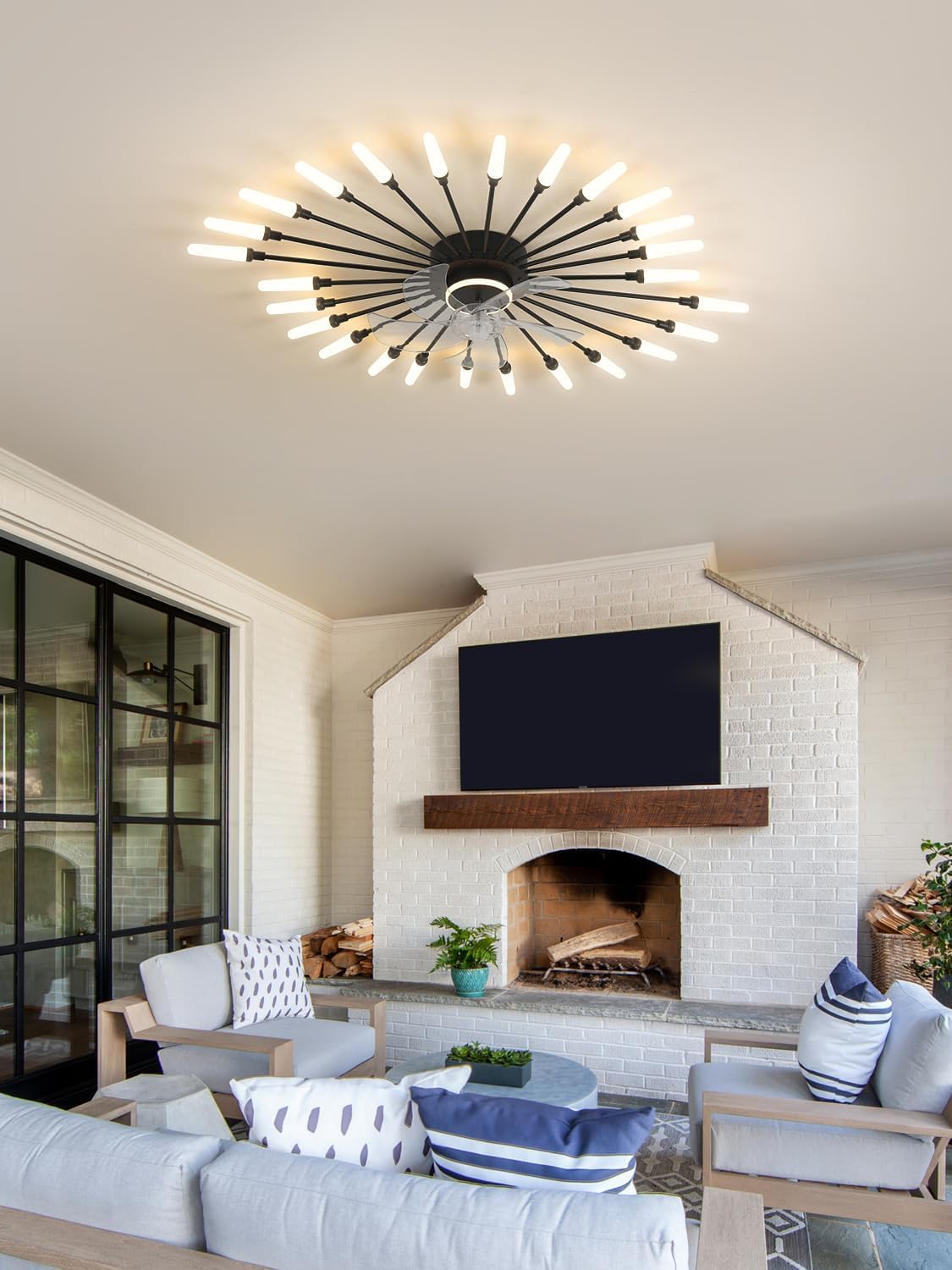 39' Modern Ceiling Fan with Lights and Remote, Low Profile Ceiling Fans with Tri-Color Light 6-Speed Wind, Flush Mount Ceiling Fan with Led Light for Living Room Bedroom Dining Room，Black