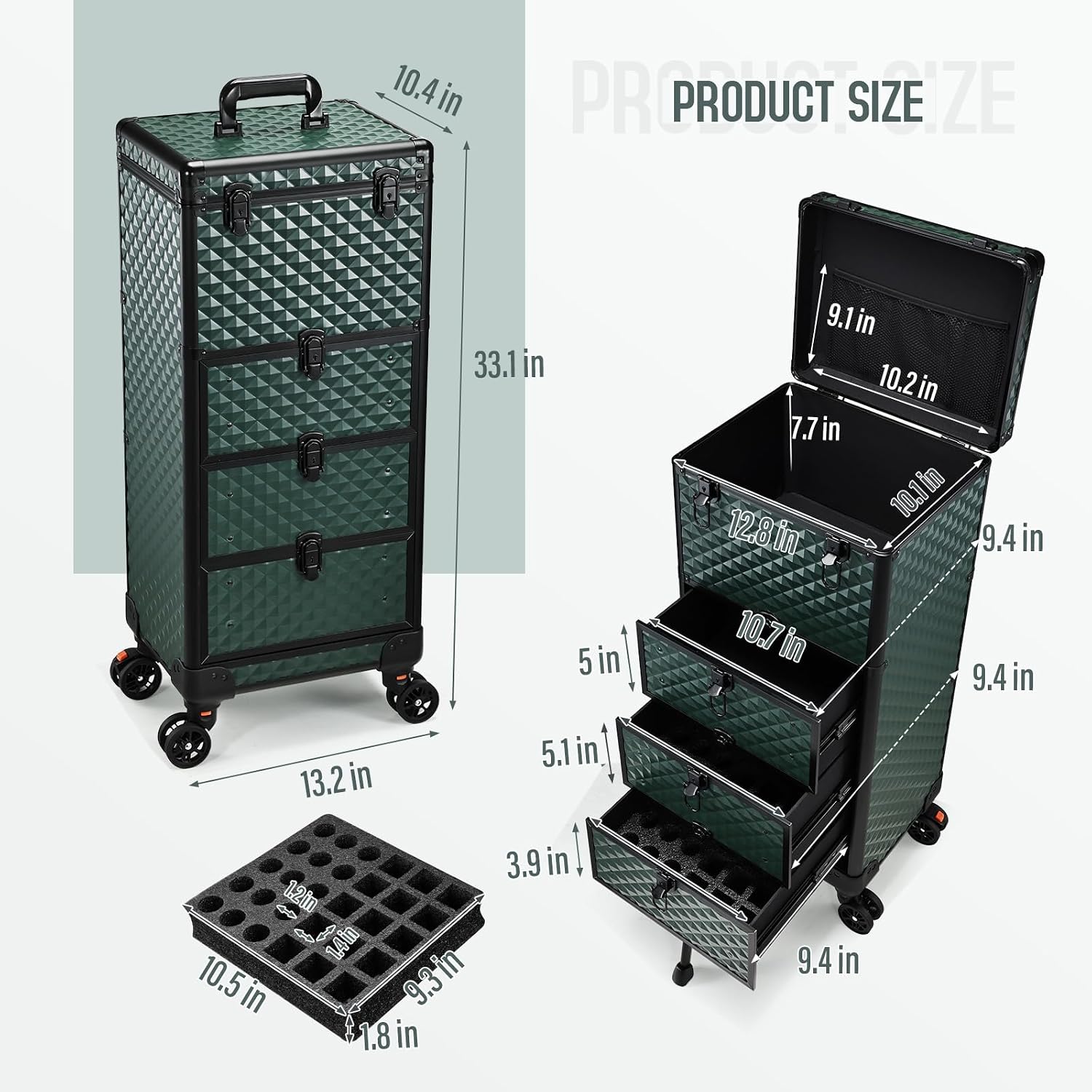 Yueieoun Nail Trolley Cart with 3 Drawers, Salon Station Cosmetology Case on Wheels Rolling Makeup Train Case Nail Case Organizer Beauty Salon Travel Case for Nailart,SPA,Hairstylist,Artist,Dark Green