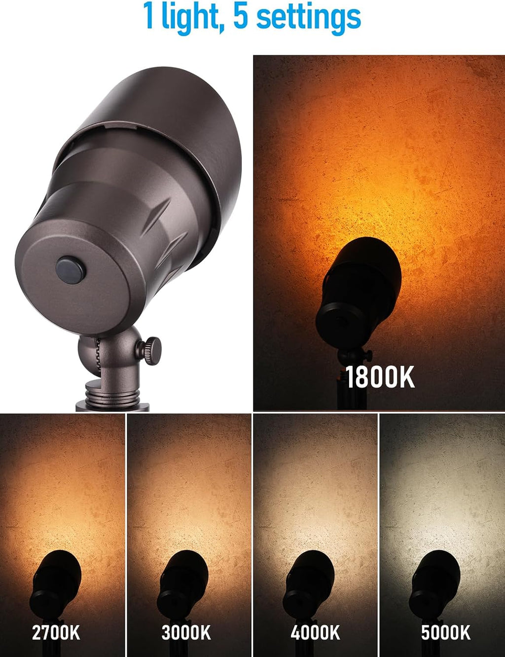 LEONLITE 12-Pack 5CCT Low Voltage LED Landscape Spotlight, Update 1800K2700K3000K4000K5000K Selectable, 5W 12V Pathway Lights Outdoor, CRI90, Aluminum Spot Lights for Garden Yard, ETL, IP65 Waterproof