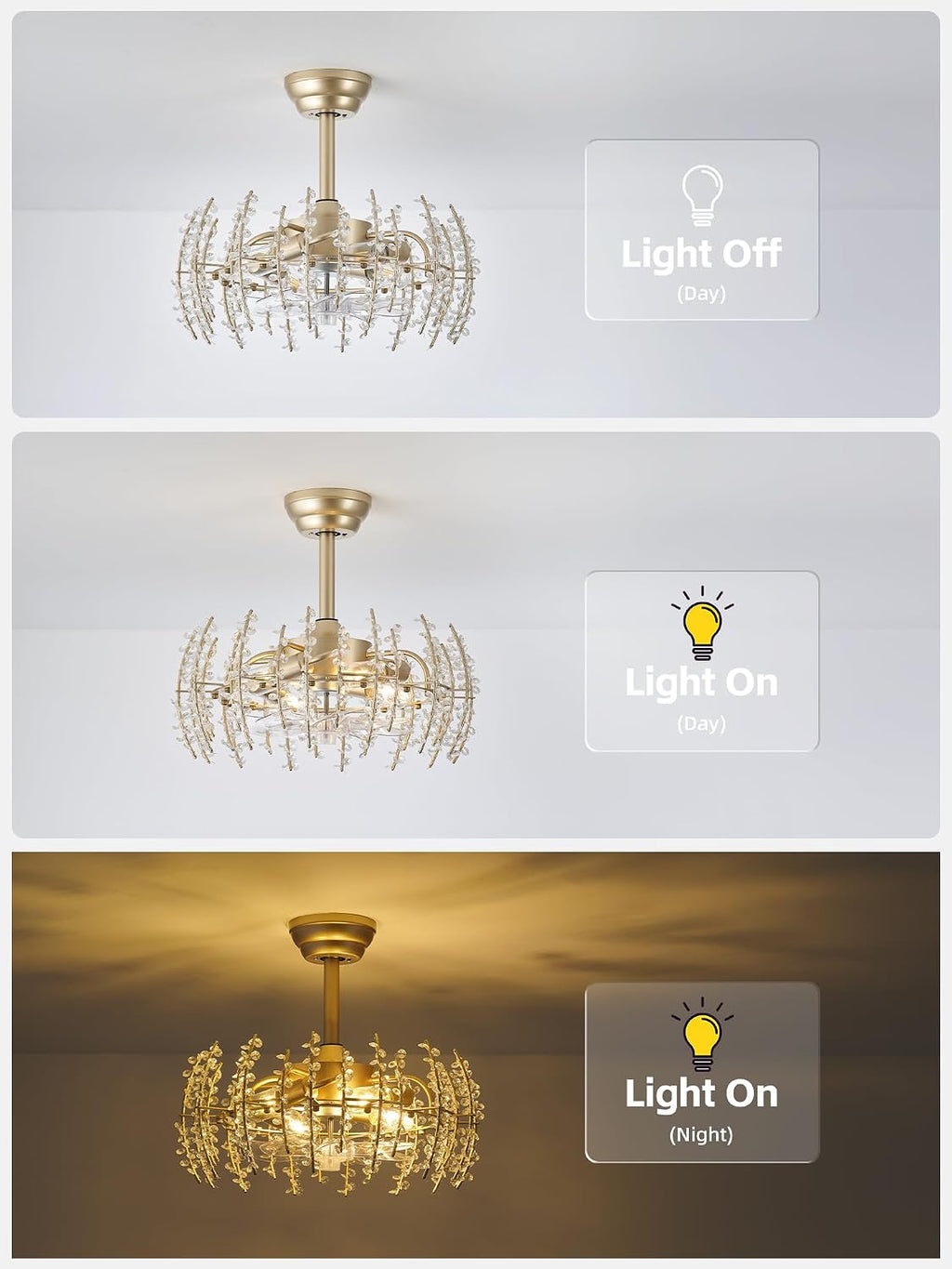 20' Gold Crystal Flower Fandelier Ceiling Fan with Light, Gold Crystal Chandelier Ceiling Fans Remote Control with 6 Speeds for Bedroom, Living Room, Nursery