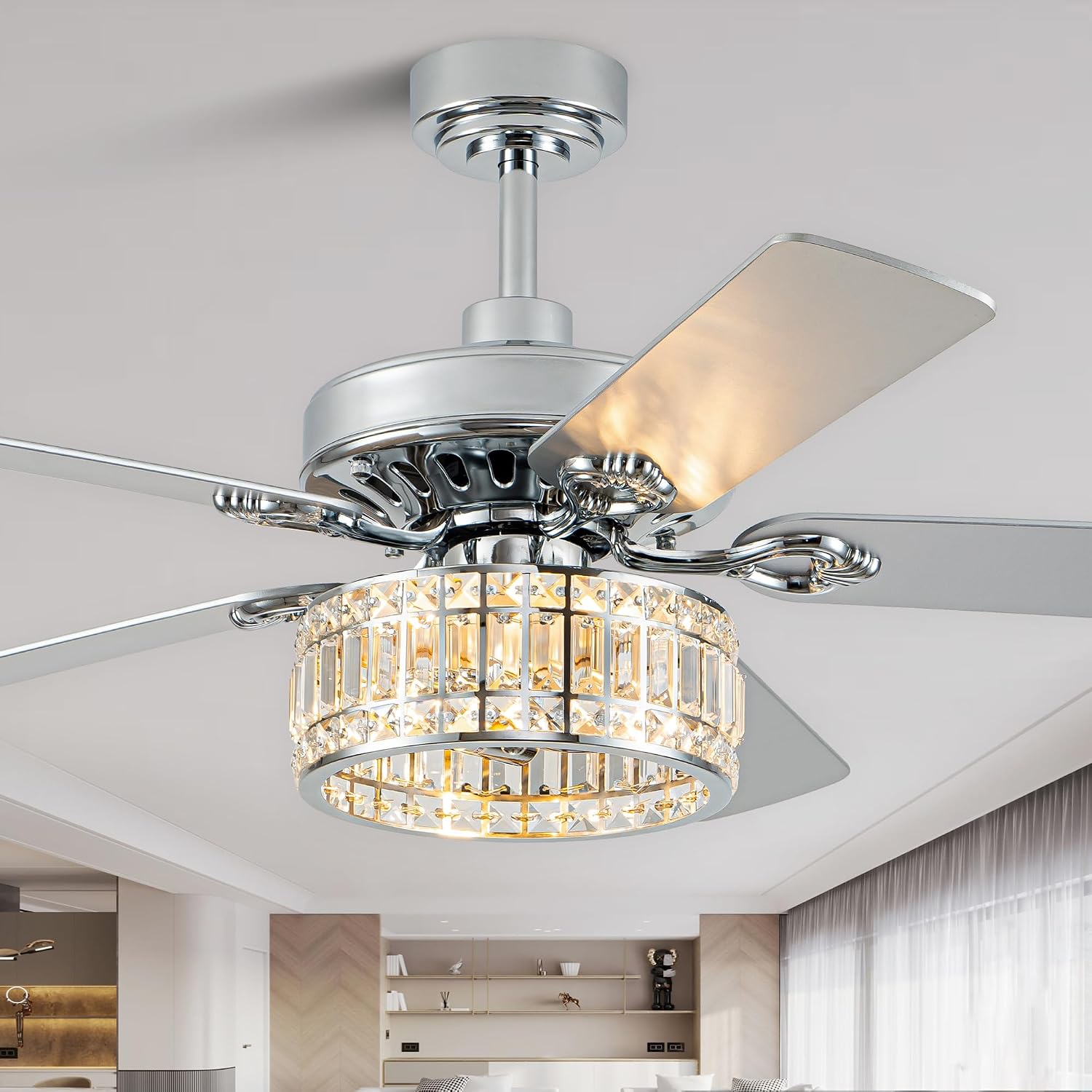 Dawn Whisper 52 Inch Modern Ceiling Fans with Lights Low Profile Fandelier Ceiling Fan with Light for Living Room Bedroom Kitchen Crystal Chandelier Fan Quiet Reversible DC Motor 6 Speeds Silver