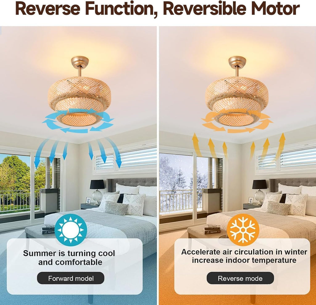 Fandelier Ceiling Fan with Light - 18.9' Boho Rattan Caged Ceiling Fan, Remote Controlled Wicker Chandelier Fan Light Fixture for Bedroom, Kitchen, Living Room, Nursery, E26 Base