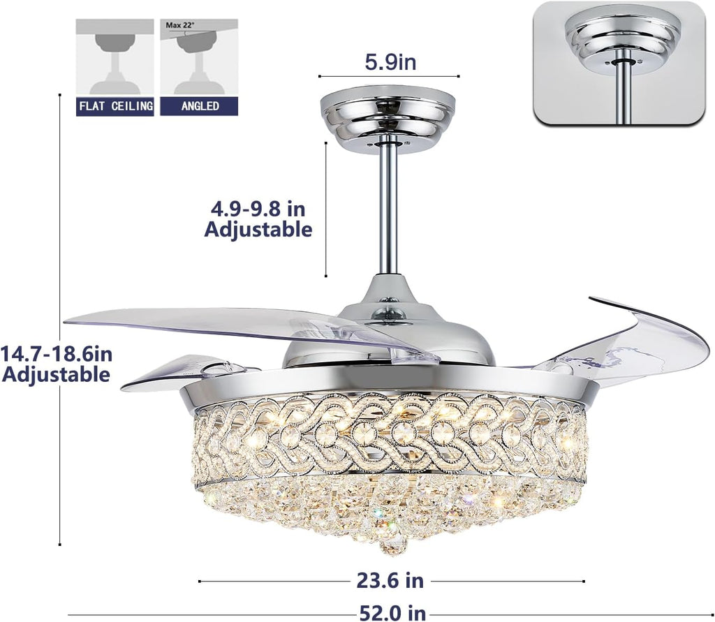 DuMaiWay 52' Dimmable Chandelier Ceiling Fan, Fandelier, Modern Crystal Retractable Invisible Blade LED Lighting with Remote Control for Bedroom Dining Room Living Room 6 Speed