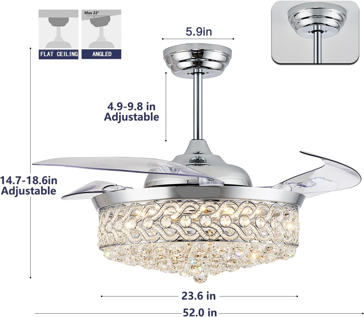 DuMaiWay 52' Dimmable Chandelier Ceiling Fan, Fandelier, Modern Crystal Retractable Invisible Blade LED Lighting with Remote Control for Bedroom Dining Room Living Room 6 Speed
