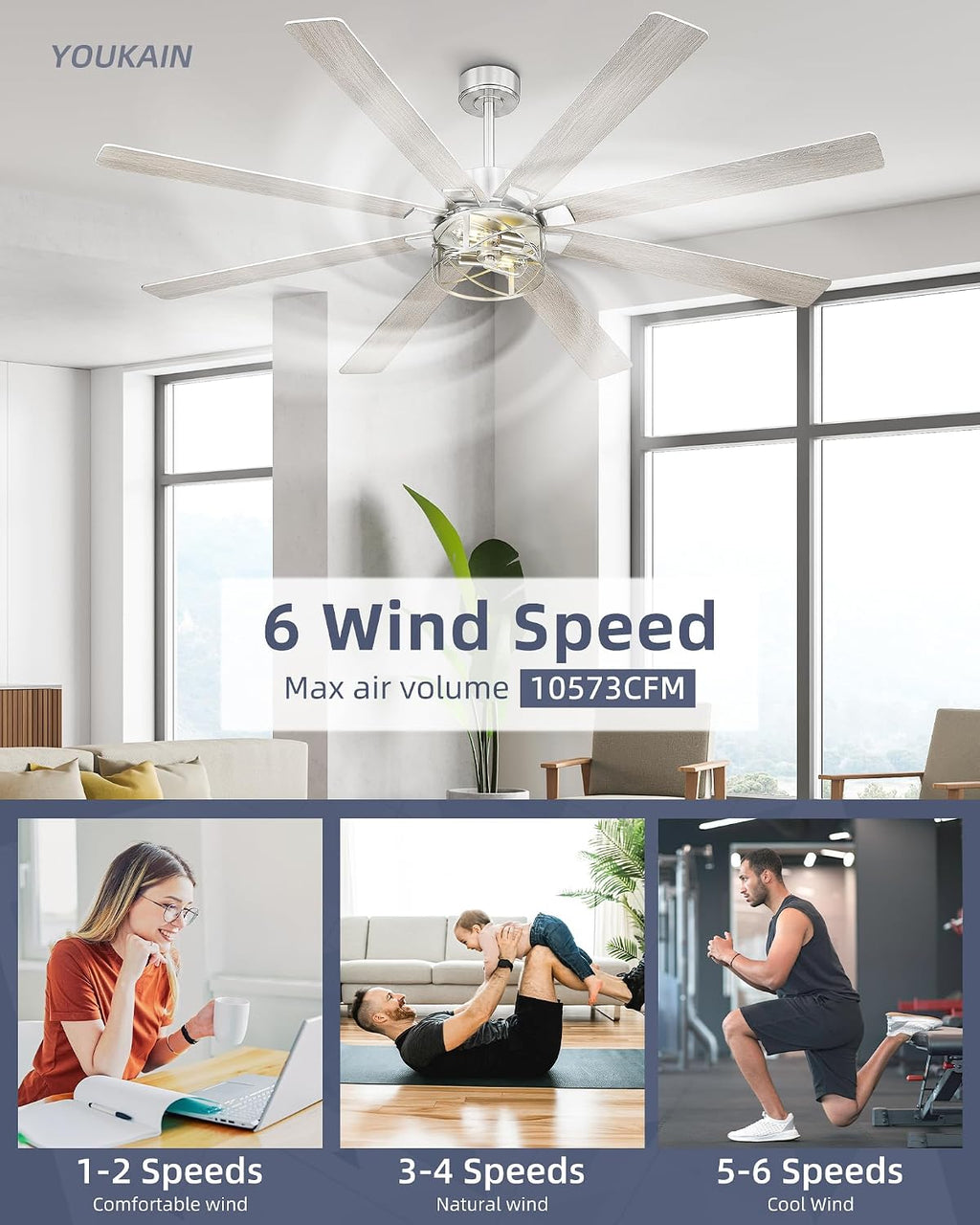 YOUKAIN Ceiling Fans with Lights, 72 Inch Farmhouse Ceiling Fan with Light and Remote, 8-Reversible, Brushed Nickel Finish, Indoor/Outdoor Ceiling Fans for Living Room, Bedroom, 72-YJ632-BNW
