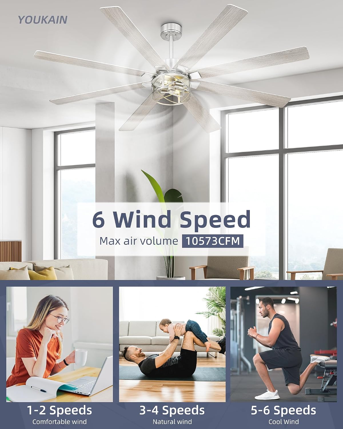 YOUKAIN Ceiling Fans with Lights, 72 Inch Farmhouse Ceiling Fan with Light and Remote, 8-Reversible, Brushed Nickel Finish, Indoor/Outdoor Ceiling Fans for Living Room, Bedroom, 72-YJ632-BNW