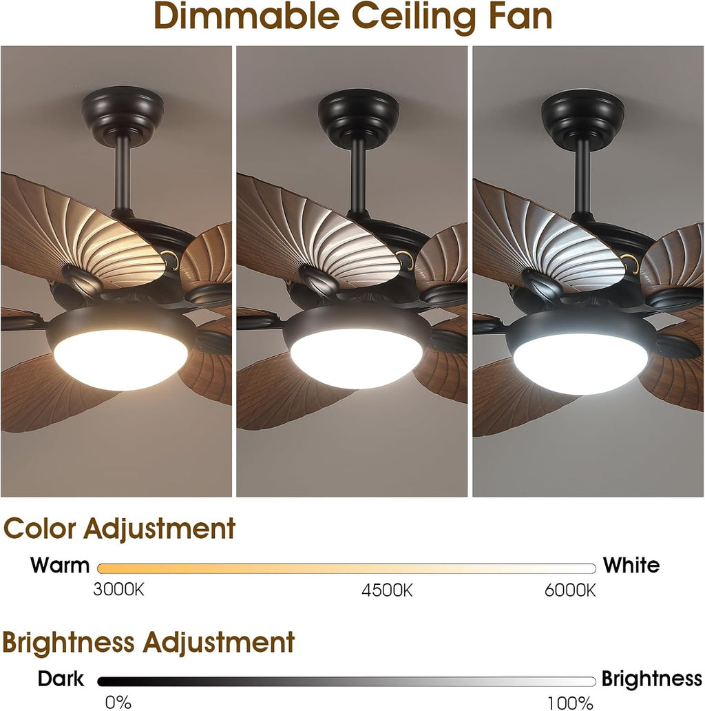 Wiviniya 52 Inch Tropical Ceiling Fans with Lights, Palm Leaf Outdoor Ceiling Fan with Light for Patios Porch Bedroom, Remote/APP Control, Reversible Quiet DC Motor, Dimmable LED, Brown