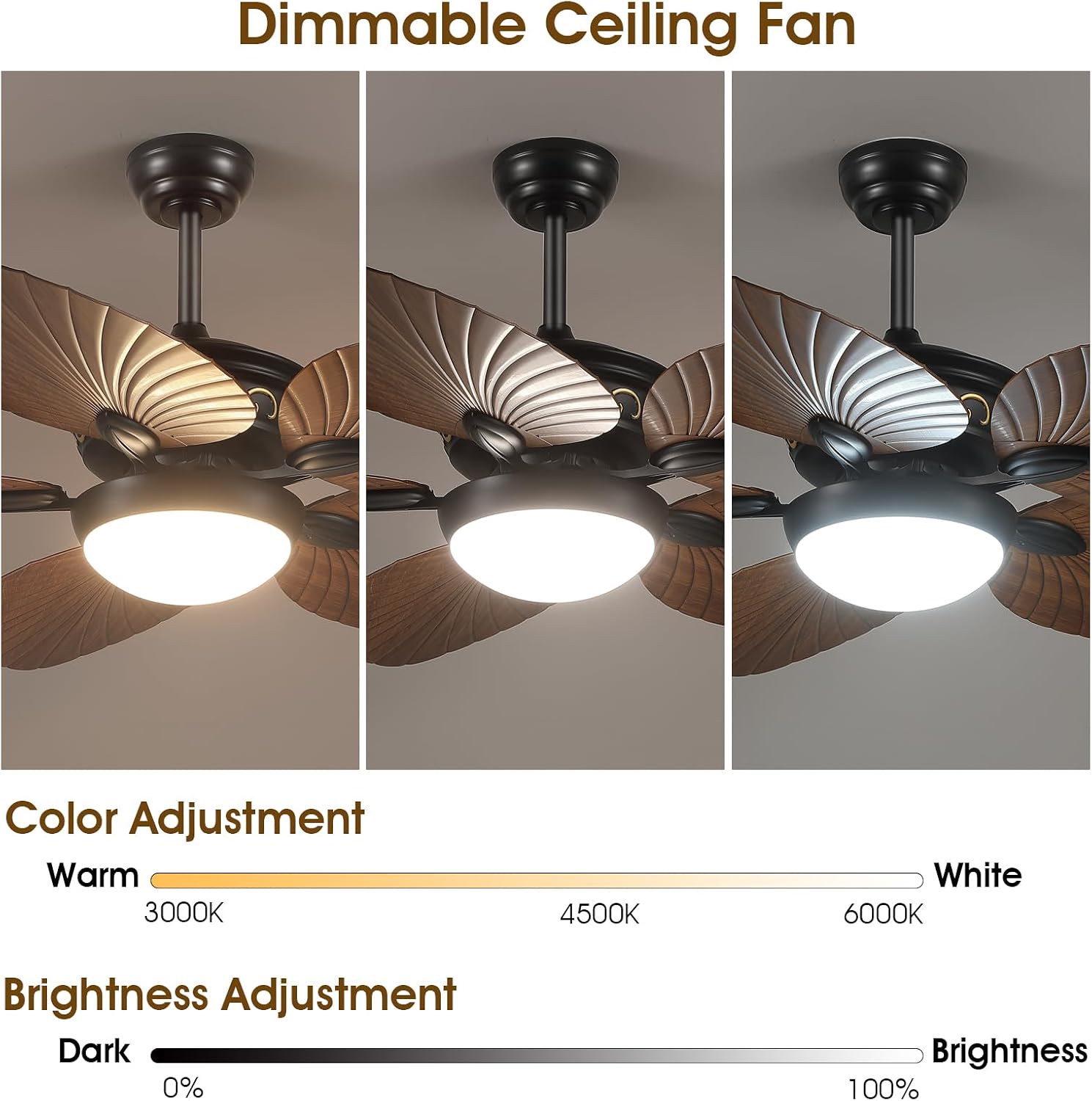 Wiviniya 52 Inch Tropical Ceiling Fans with Lights, Palm Leaf Outdoor Ceiling Fan with Light for Patios Porch Bedroom, Remote/APP Control, Reversible Quiet DC Motor, Dimmable LED, Brown