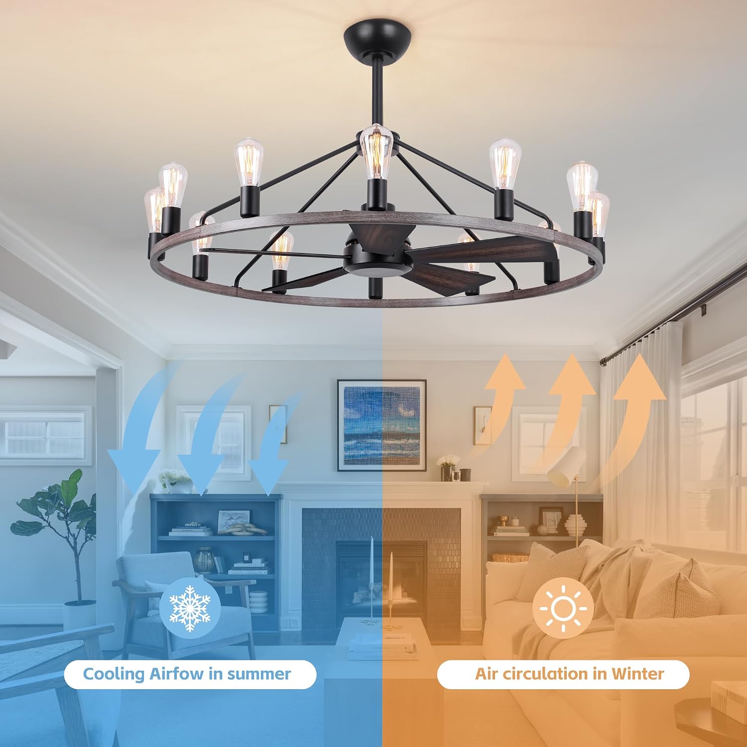 She's home 43' Wood Color Wagon Wheel Chandelier with Fan, 12-Lights Large Round Candle Farmhouse Fandelier Ceiling Fan with Light Fixture for Living Room, Height Adjustable