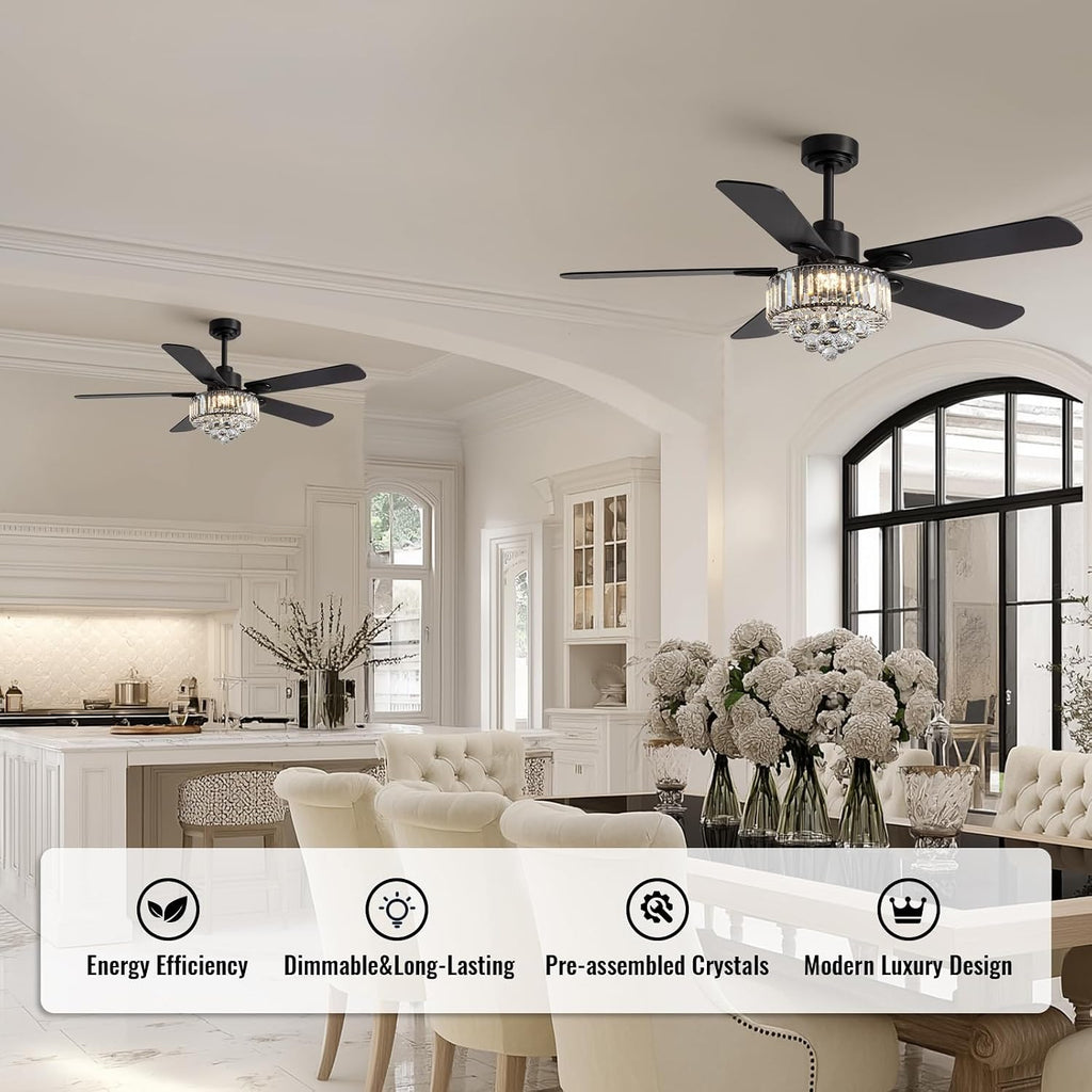 Crystal Fandelier Ceiling Fan with Light,Chandelier Ceiling Fan with Remote and APP Control,Quiet Light for Bedroom, 3 Color Temperature, 52 Inch vintage ceiling fan With 6 Speeds