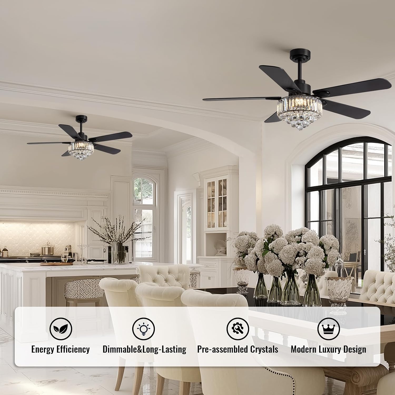 Crystal Fandelier Ceiling Fan with Light,Chandelier Ceiling Fan with Remote and APP Control,Quiet Light for Bedroom, 3 Color Temperature, 52 Inch vintage ceiling fan With 6 Speeds