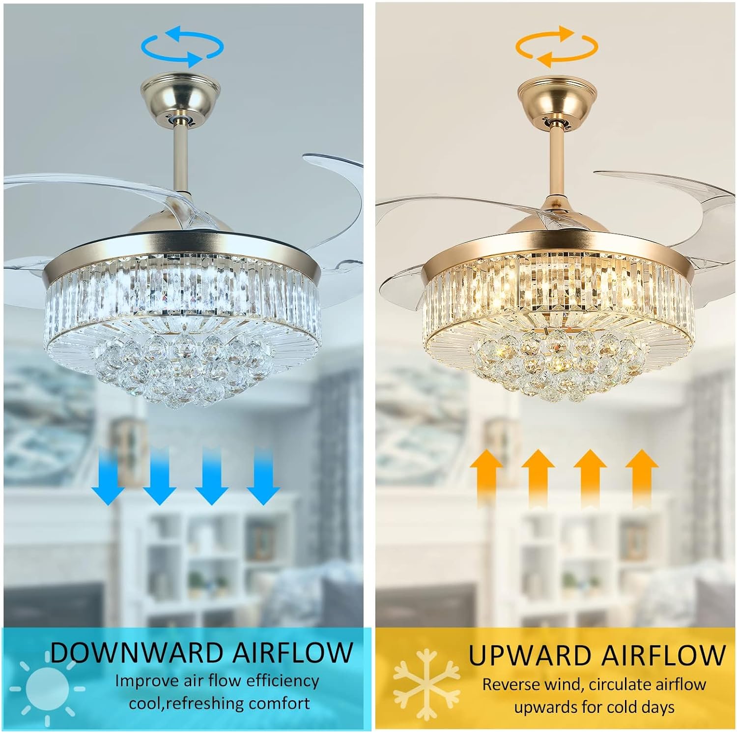 42in Crystal Ceiling Fan with Remote, Gold Fandelier Ceiling Fan with Light, 3 Speeds 3 Colors Changes Lighting Fixture, 4 Blades Retractable Chandelier Fan for Bedroom Living Room Dining Room