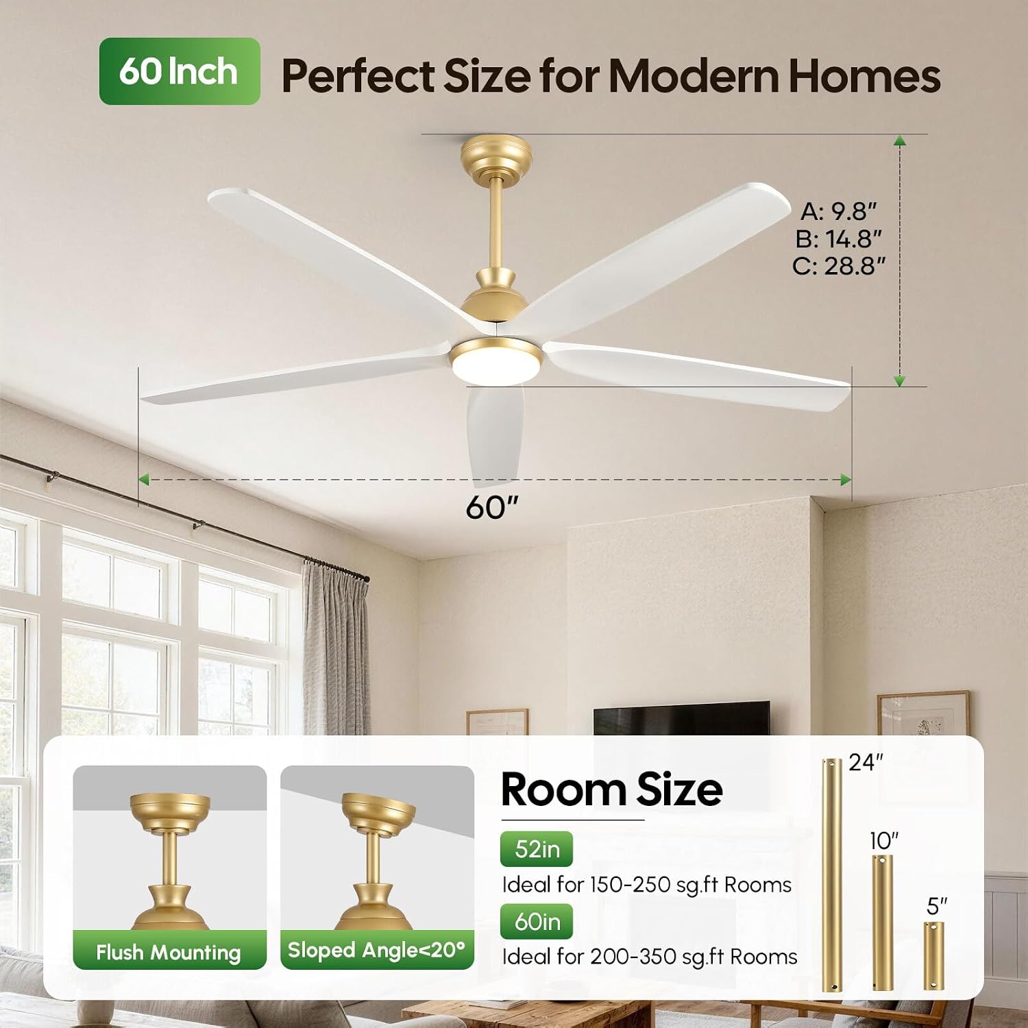60 Inch Outdoor Ceiling Fan with Lights and Remote, Modern Farmhouse Gold Brass Ceiling Fans, 5 White Solid Wood Blades, Quiet DC Motor, High CFM Airflow, Damp Rated for Patio Porch Large Room Indoor