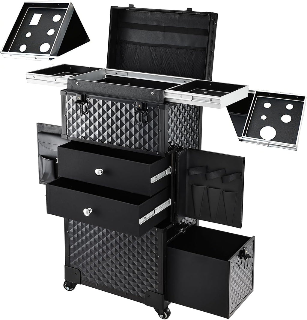 Joligrace Cosmetology Case on Wheels, Rolling Makeup Case for Hairstylists & Makeup Artists， Lockable Professional Make up Case Salon Trolley Cart with Hairdryer Holder for Salon/Barber/Travel, Black