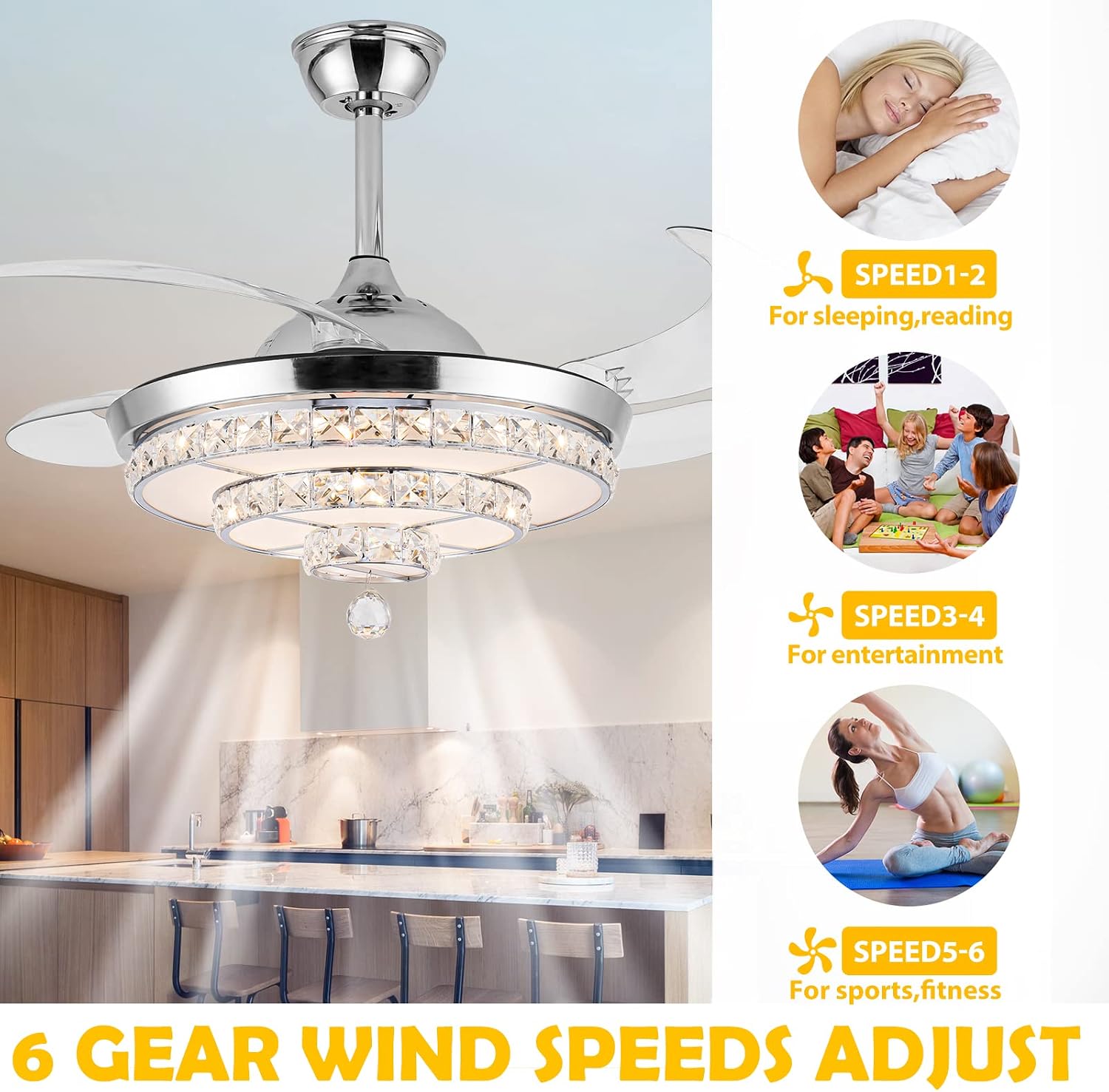 42' Fandelier Invisible Ceiling Fan Chandelier with Light,Modern Crystal Ceiling Fan Light Remote Control 4 Retractable ABS Blades for Bedroom Living Dining Room Decoration