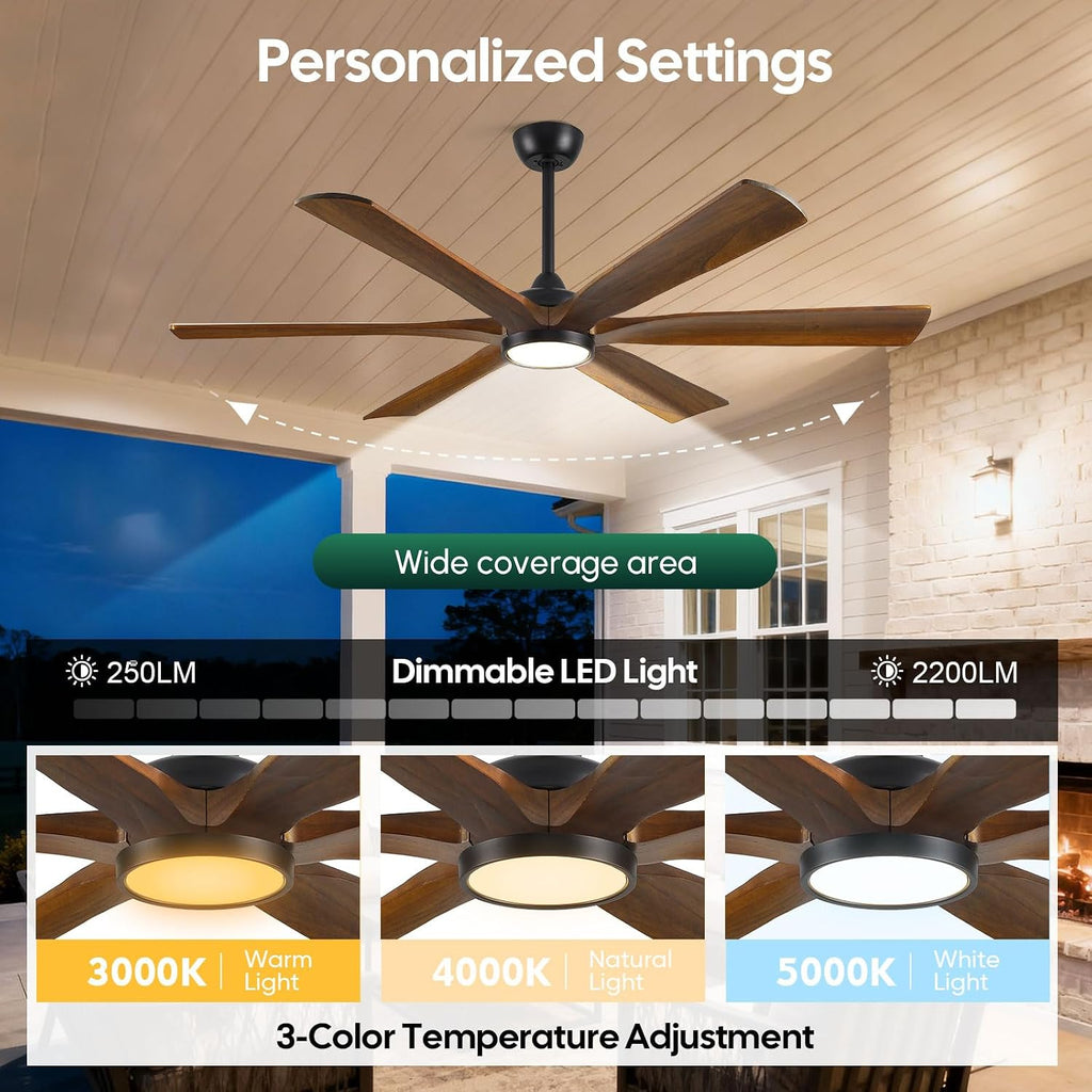 72 Inch Smart Outdoor Ceiling Fan with Light, Alexa/Wifi/Remote Control, 6 Solid Wood Blades Damp Rated, 9268 High CFM Quiet DC Motor, Rustic Farmhouse Style for Indoor Large Room Exterior Patio