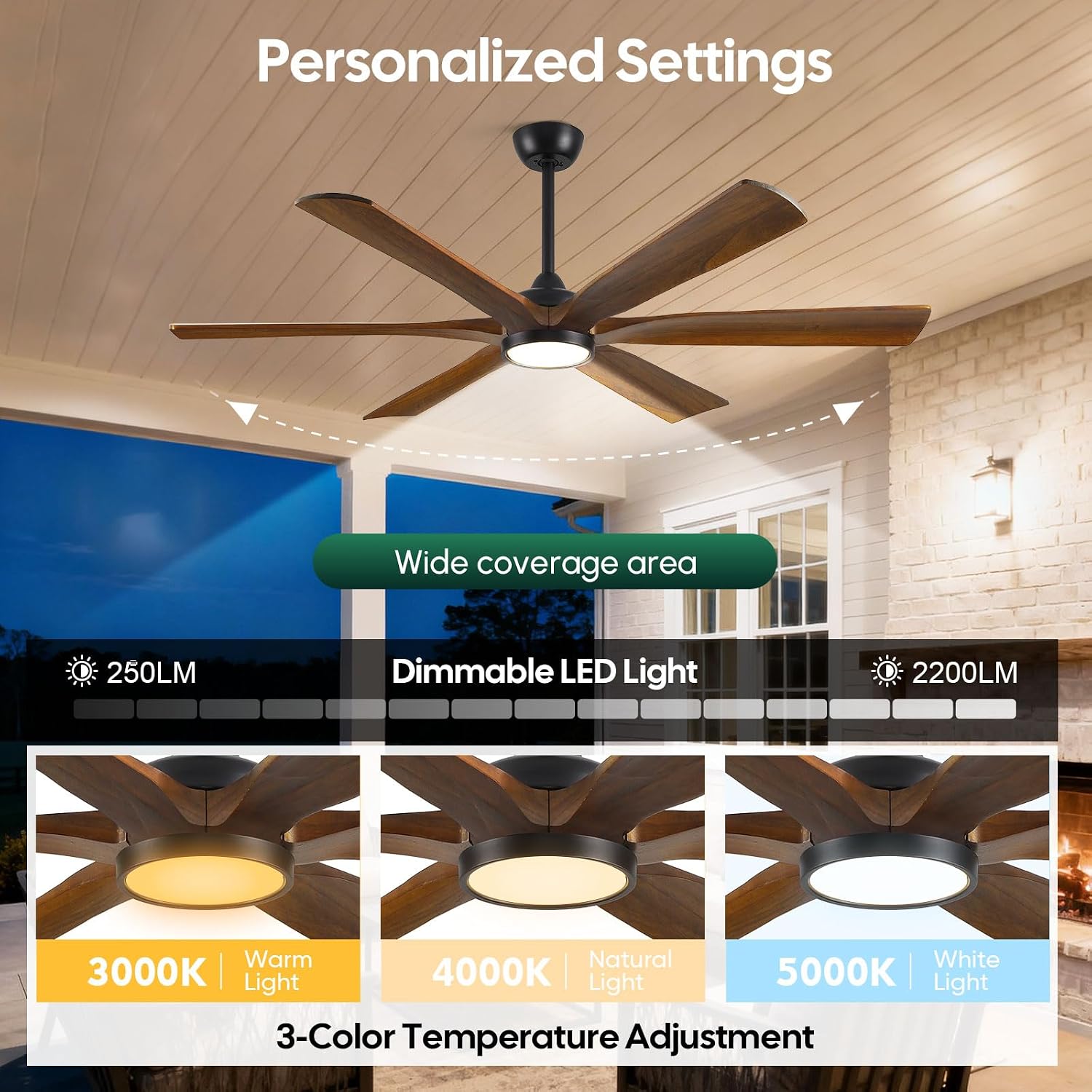 72 Inch Smart Outdoor Ceiling Fan with Light, Alexa/Wifi/Remote Control, 6 Solid Wood Blades Damp Rated, 9268 High CFM Quiet DC Motor, Rustic Farmhouse Style for Indoor Large Room Exterior Patio