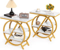LITTLE TREE End Table Set of 2, 4-Tier Narrow Faux Marble Side Table with Large Storage Space, Modern Nightatsnd and Bedside Table for Living Room, Home Office, Bedroom, White and Gold