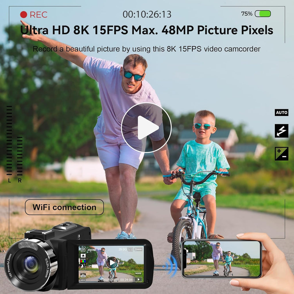 Video Camera, 8K Camcorder 48MP Vlogging Camera for YouTube 18X Digital Zoom 3' Touch Screen with WiFi, External Mic, Fill Light, Remote Control, 32GB SD Card & 2 Batteries