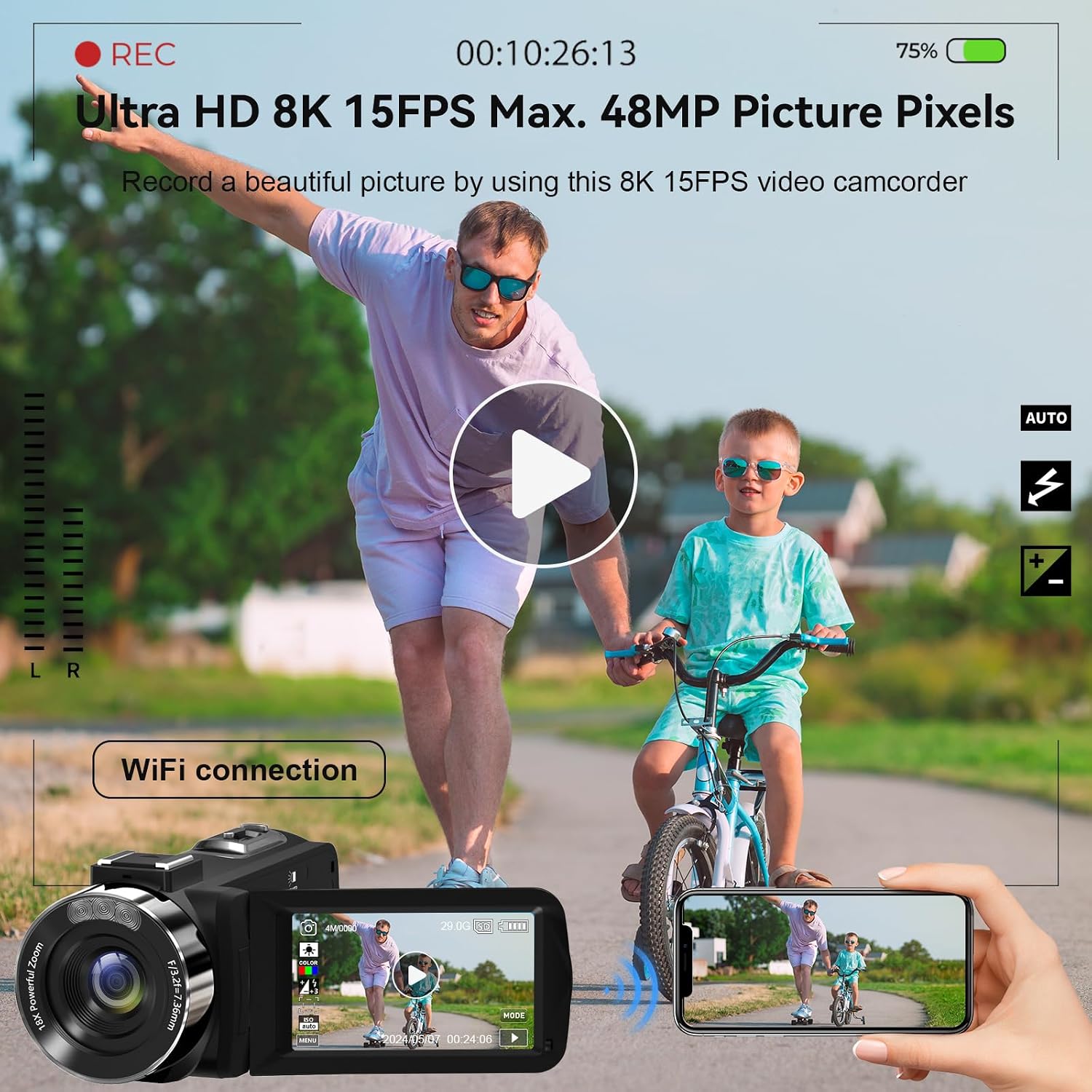 Video Camera, 8K Camcorder 48MP Vlogging Camera for YouTube 18X Digital Zoom 3' Touch Screen with WiFi, External Mic, Fill Light, Remote Control, 32GB SD Card & 2 Batteries
