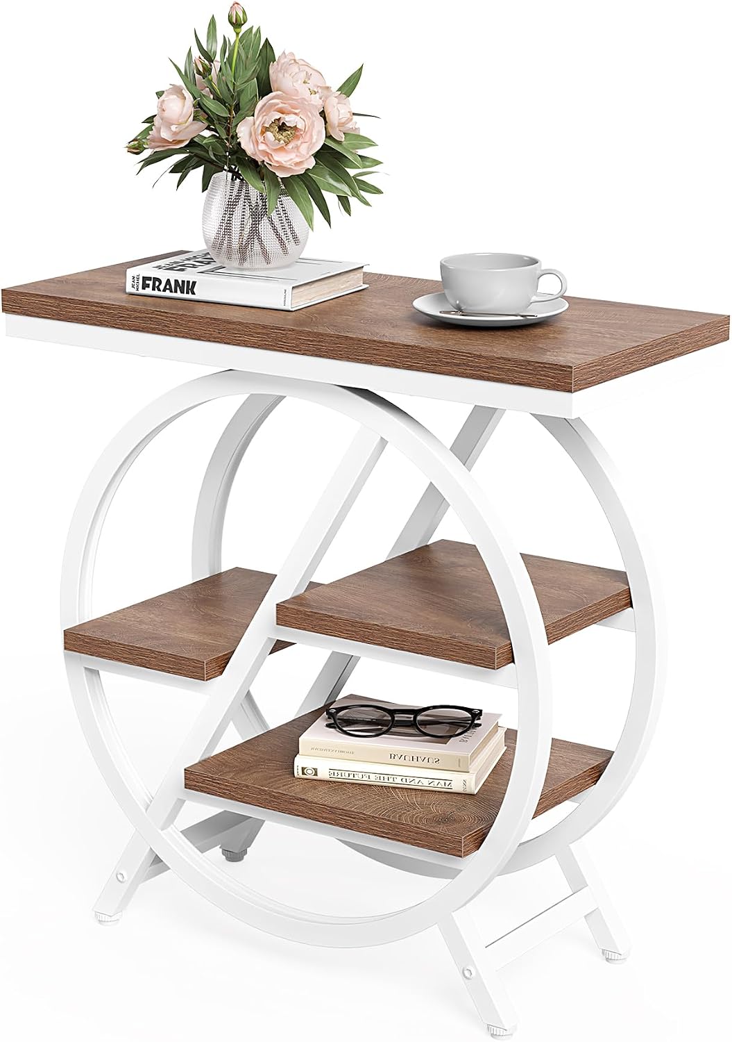 LITTLE TREE End Table, Set of 2 Narrow Side Table with 4-Tier Large Storage Space, Modern Bedside Table for Living Room, Home Office, Bedroom, Brown and White