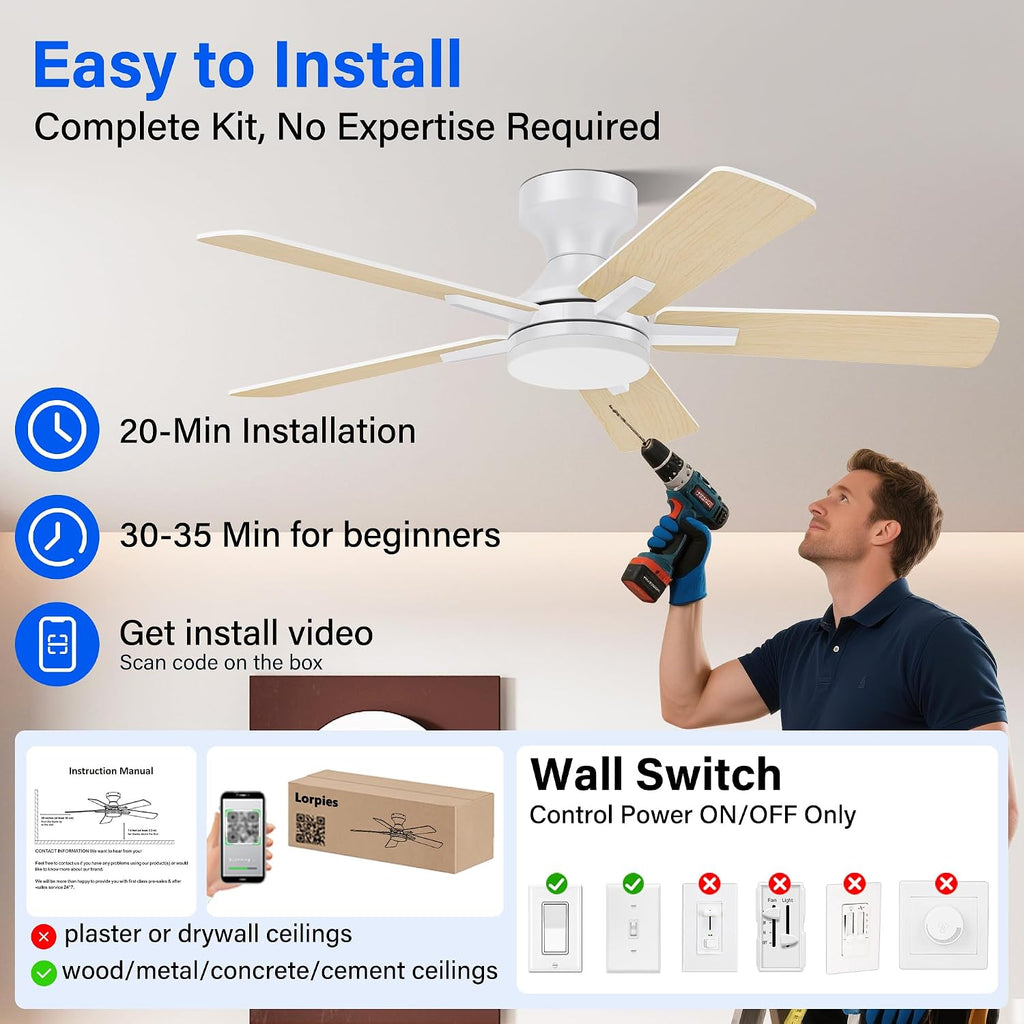 42 Inch Ceiling Fans with lights,RGB Low Profile Ceiling Fan with Light and Remote Control,APP,White Flush Mount Ceiling Fans for Modern Bedroom,Patio,Porch,Outdoor Indoor Use,Dimmable LED,6 Speed