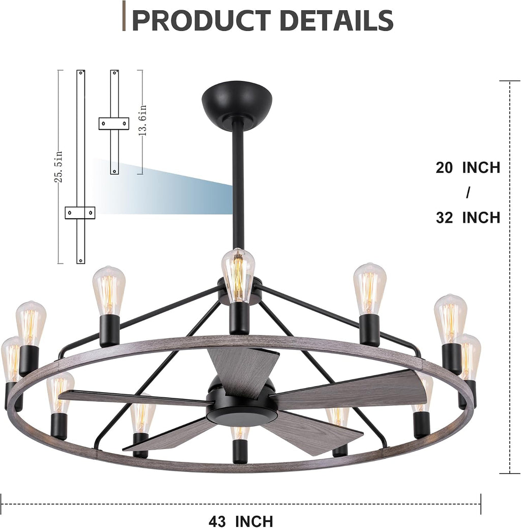 She's home 43' Wood Color Wagon Wheel Chandelier with Fan, 12-Lights Large Round Candle Farmhouse Fandelier Ceiling Fan with Light Fixture for Living Room, Height Adjustable