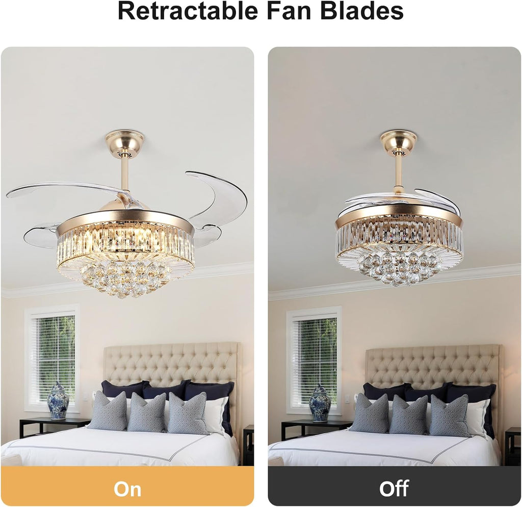 Bavnnro 42'' Fandelier Ceiling Fans with Light, Gold Retractable Crystal Chandelier Fan, Reversible, Remote Control, Dimmable Ceiling Light Kits for Dining Living Room, Bedroom