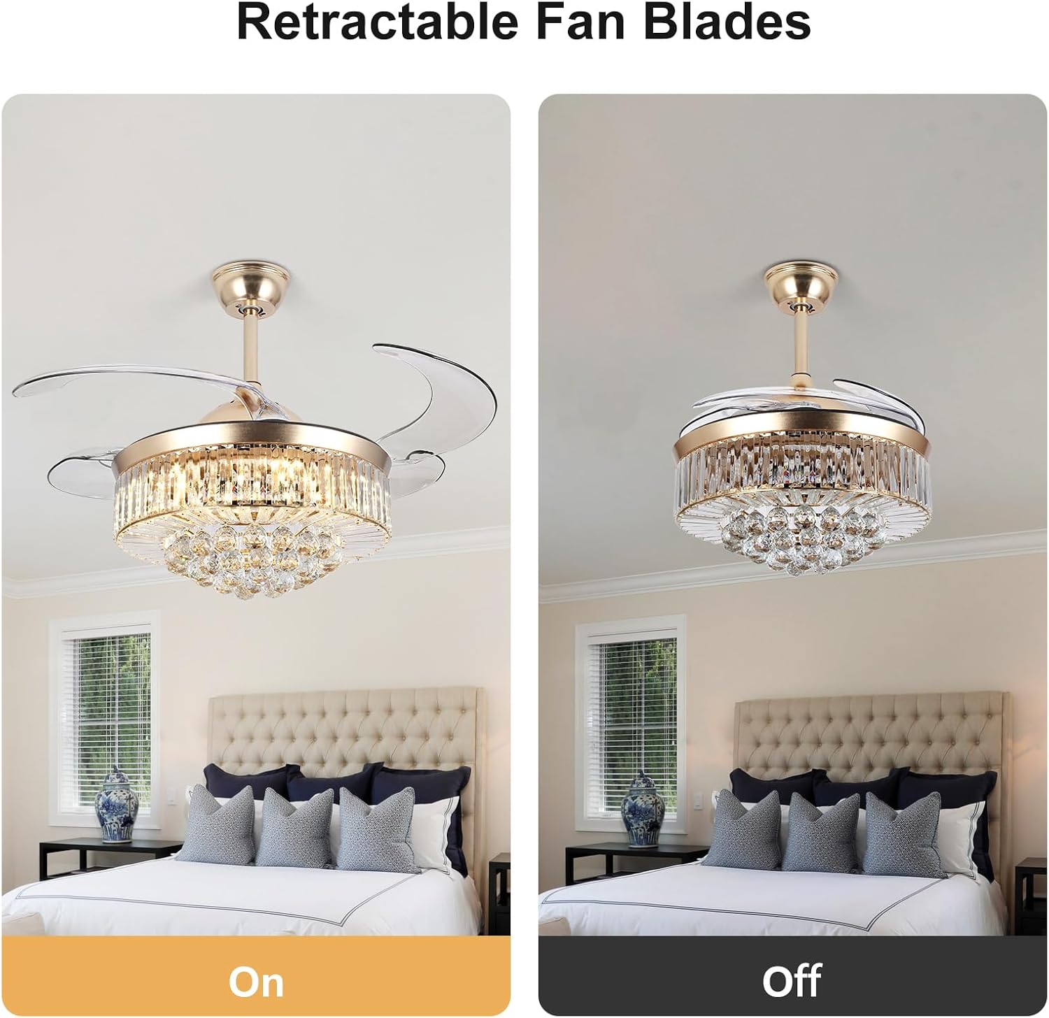 Bavnnro 42'' Fandelier Ceiling Fans with Light, Gold Retractable Crystal Chandelier Fan, Reversible, Remote Control, Dimmable Ceiling Light Kits for Dining Living Room, Bedroom