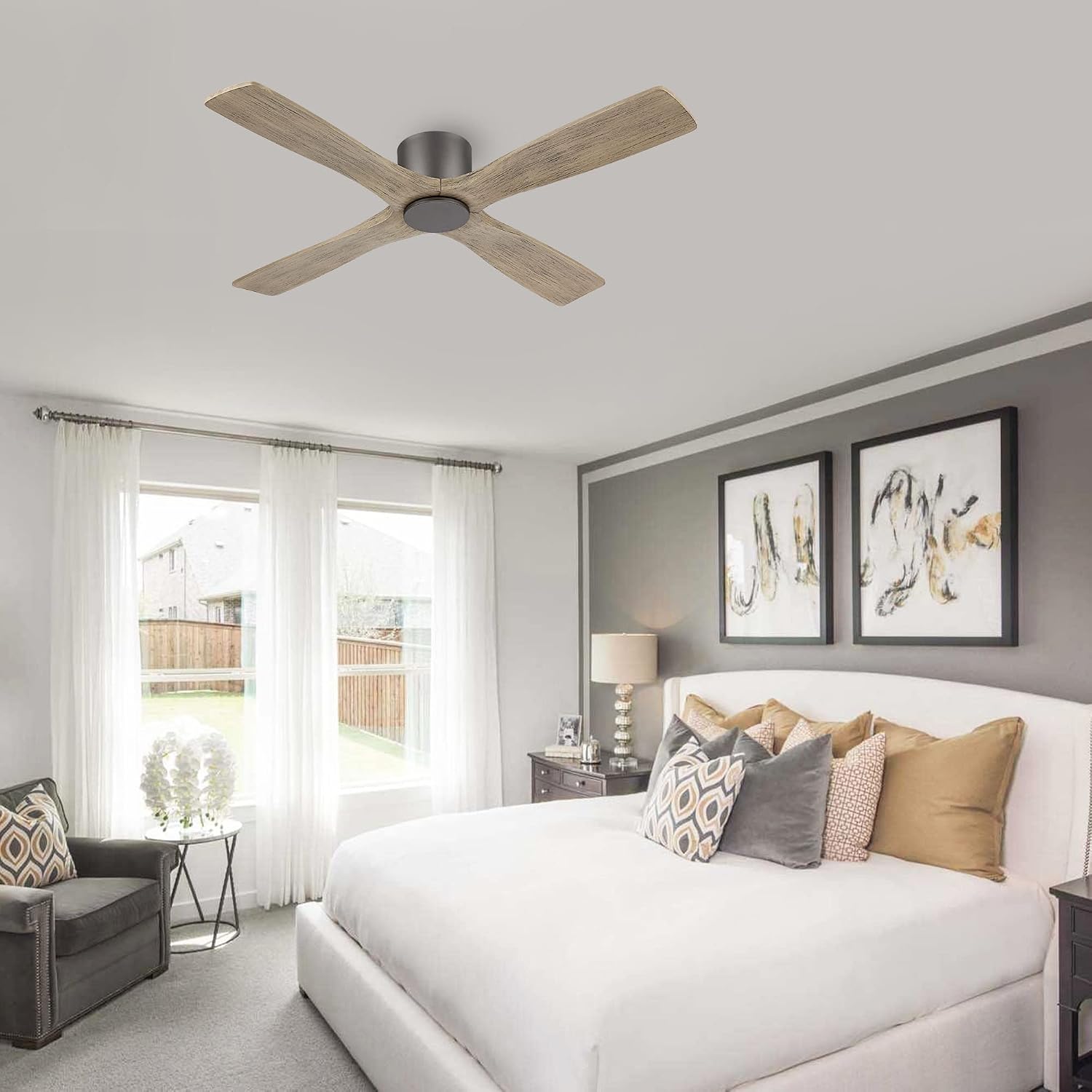 WINGBO 48 Inch Flush Mount DC Ceiling Fan without Lights, 4 Reversible Carved Wood Blades, 6-Speed Noiseless DC Motor, Hugger Ceiling Fan No Lights in Graphite Finish with Gray Blades, ETL Listed