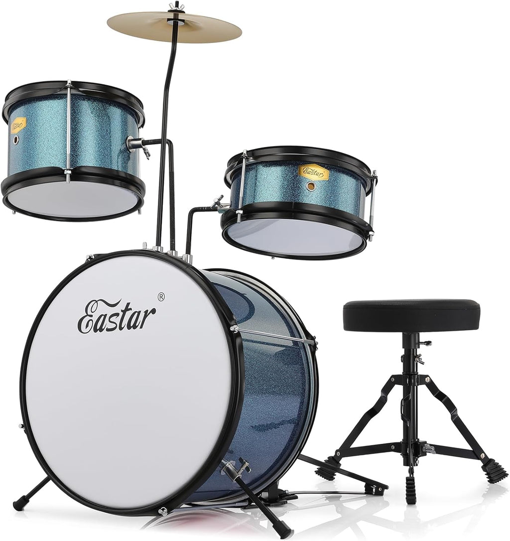 Kids Drum Set Eastar 3-Piece for Beginners, 14 inch Drum Kit with Adjustable Throne, Cymbal, Pedal & Two Pairs of Drumsticks, Junior Drum Set with Bass Tom Snare Drum, Metallic Sky Blue