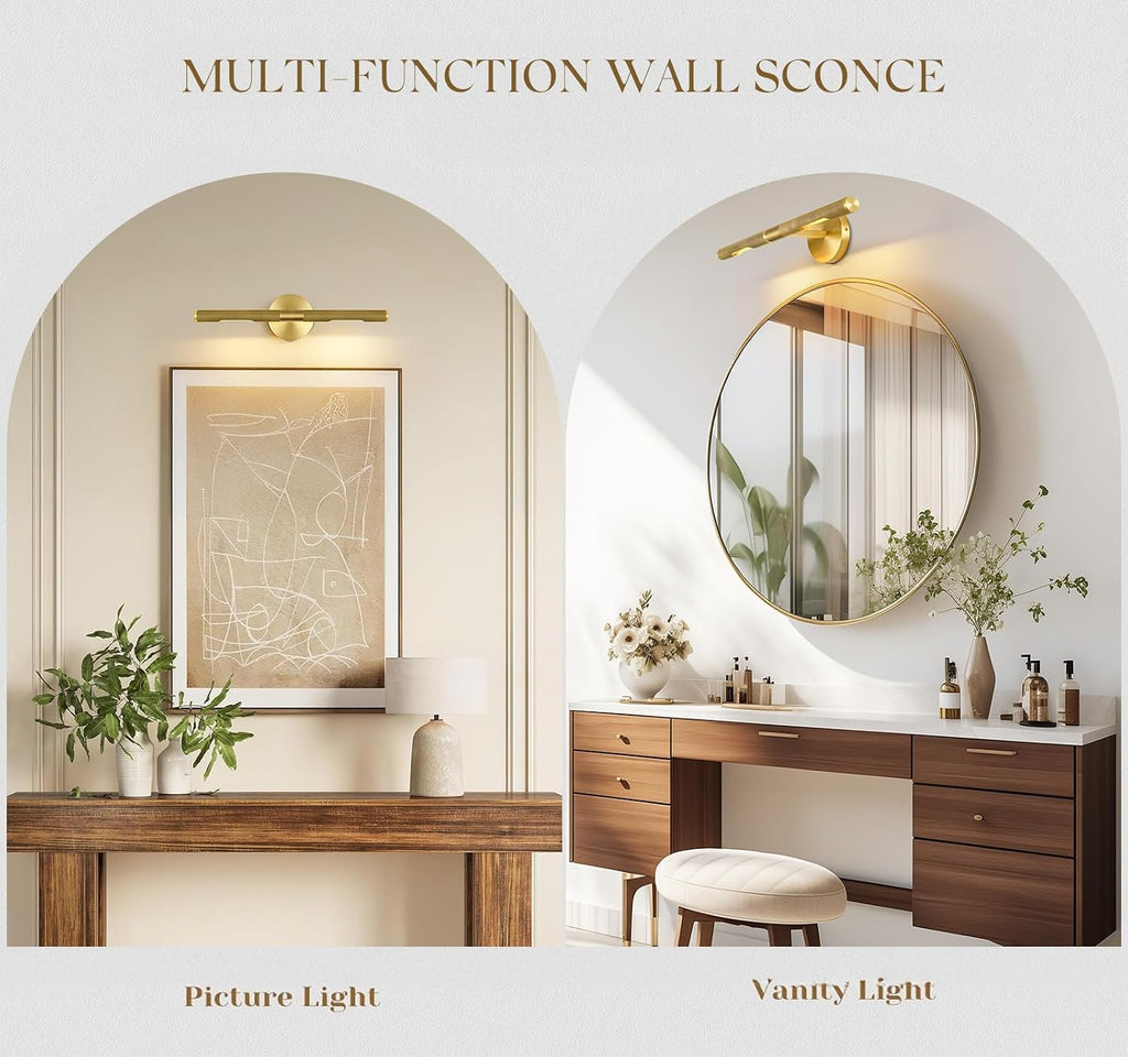 Hard-wired Knurled Picture Light, 24in Brass Picture Light for Wall, Dimmable Gold Art Lights, Rotatable 360° Sconce for Pictures Frame, Painting Wall Lights, Bathroom Wall Sconce, E12 Bulbs Included