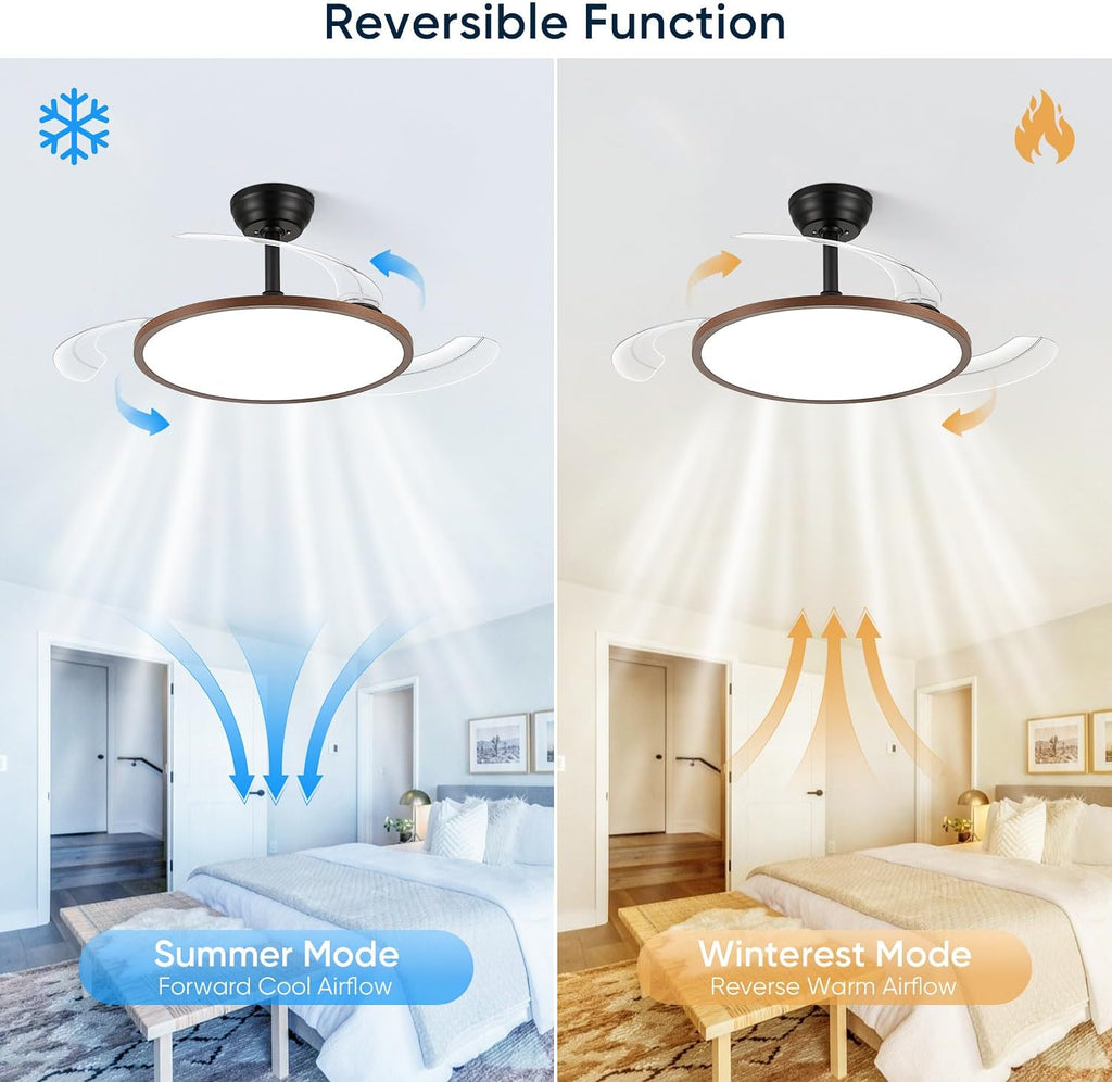 42 Inch Retractable Ceiling Fan with Lights, Fandelier Ceiling Fan for Bedroom Living Room Dinning Room, Chandelier with Fan 6 Speed, 3 Color Temperature, Reversible DC Motor-Black