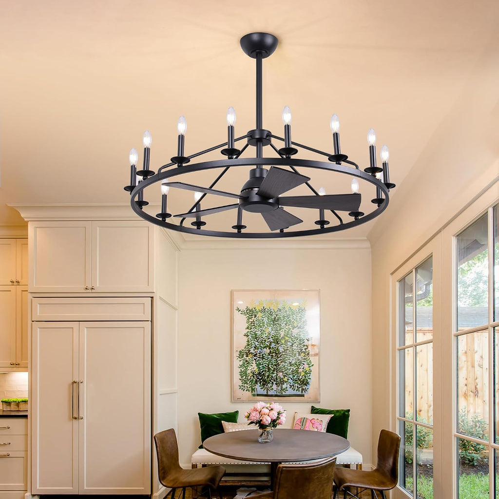 COCOSTAR 44' Black Wagon Wheel Ceiling Fan with 16-Lights, Adjustable Height Farmhouse Fandelier Chandelier for Living Room, E12 Bulb Compatible, Perfect for Summer Cooling and Winter Air Circulation